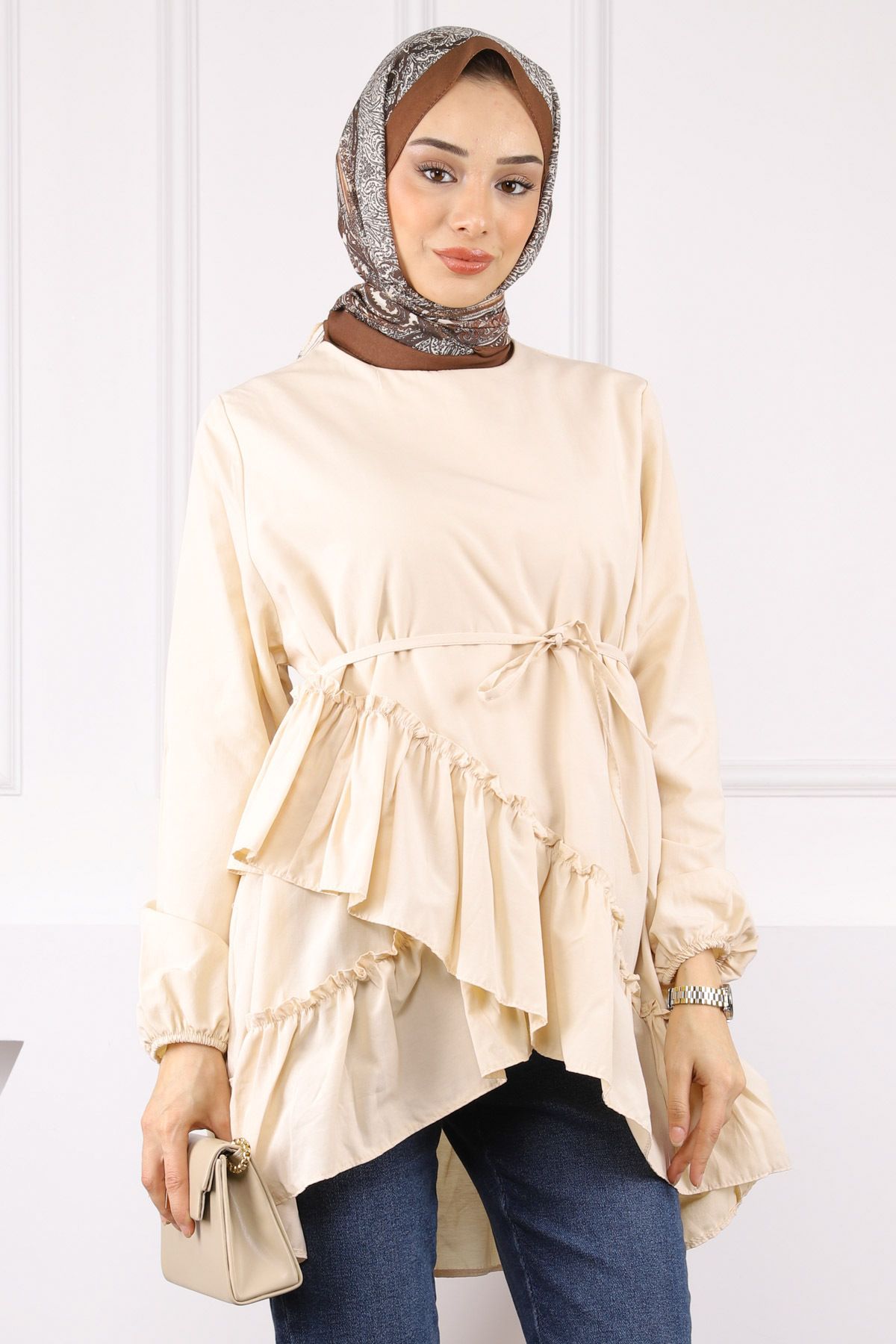 İmajButik Bej Eteği Katlı Fırfırlı Tunik