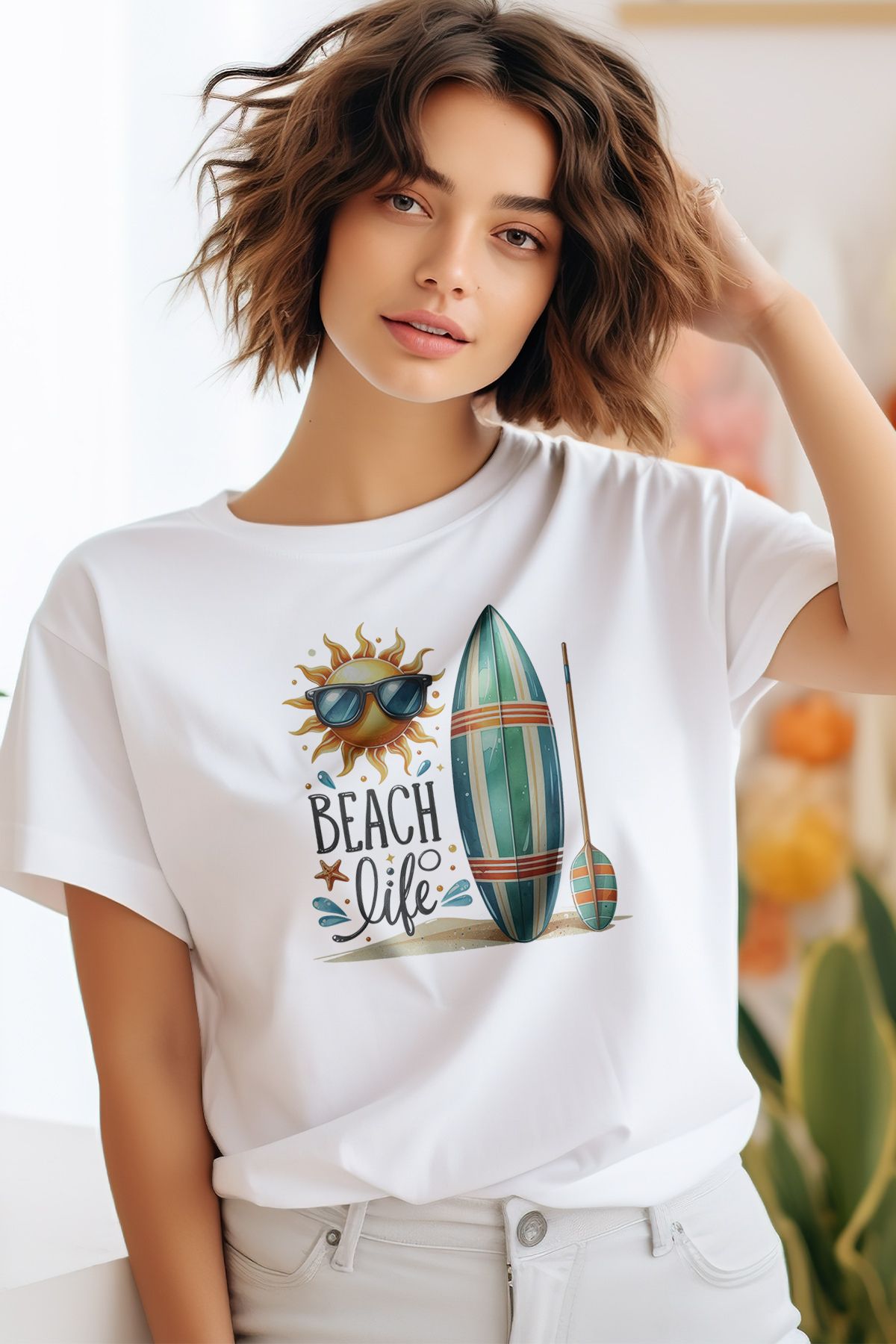 qoeuyl boutique Beach Life Baskılıyaz Temalı Unisex Regular Fit Pamuklu Beyaz Tişört