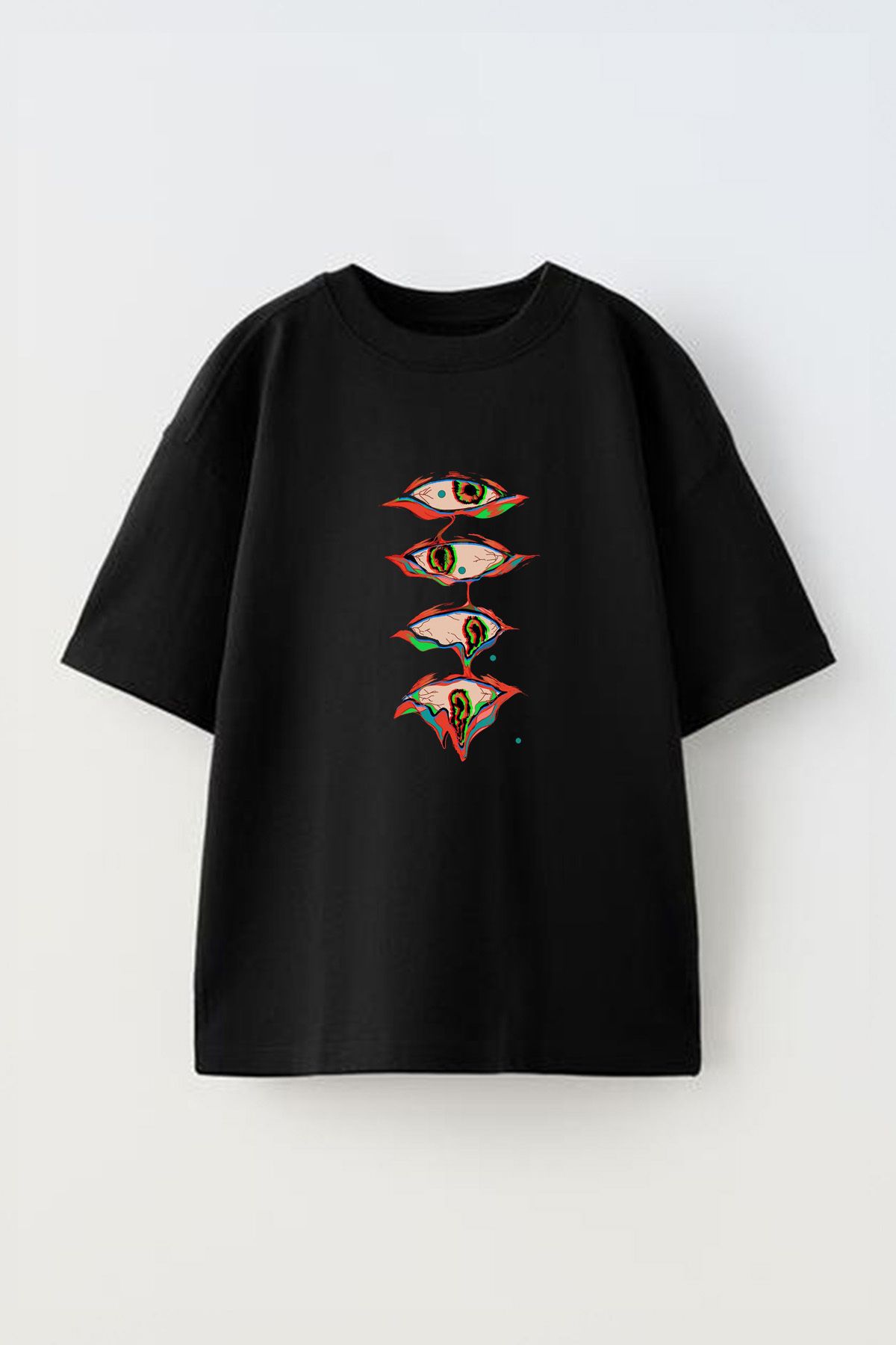 Anetos Red Eyes Ön Baskılı Pamuk Siyah Oversize T-shirt
