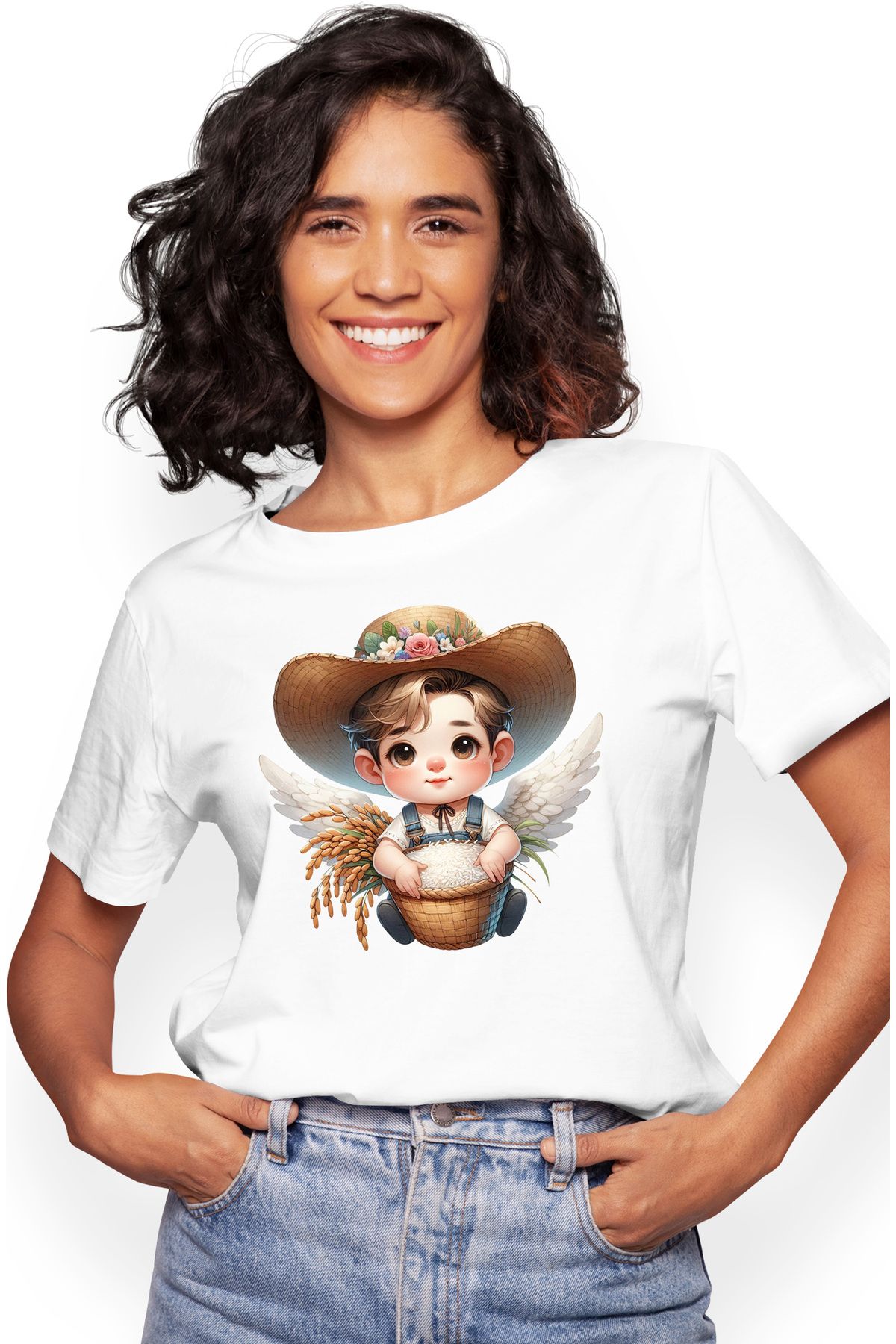 StoryGift Romania Tricou Femei Cu Un Bebelus Care Tine O Tarna/un Cos Cu Orez, Ilustratie, Palarie Wht_s Femeie - M