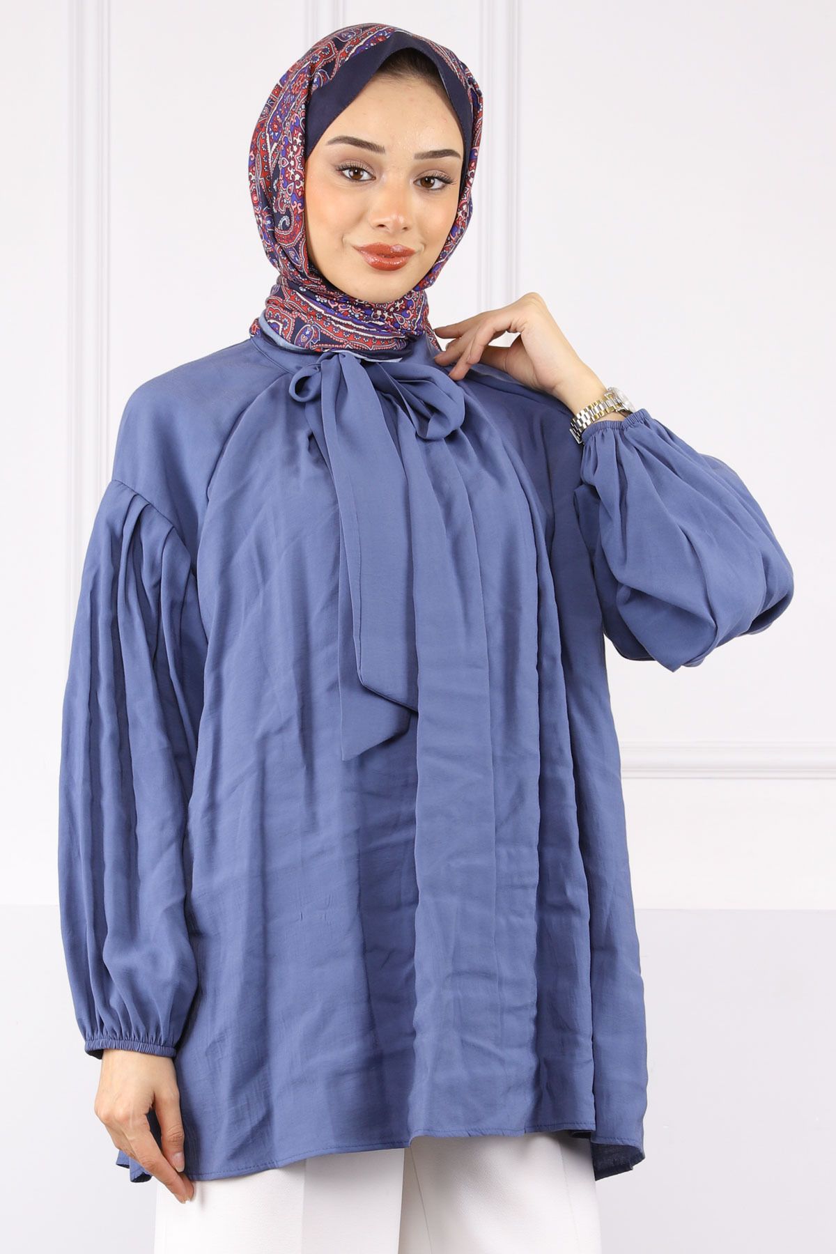İmajButik İndigo Yaka Detaylı Balon Kol Tunik