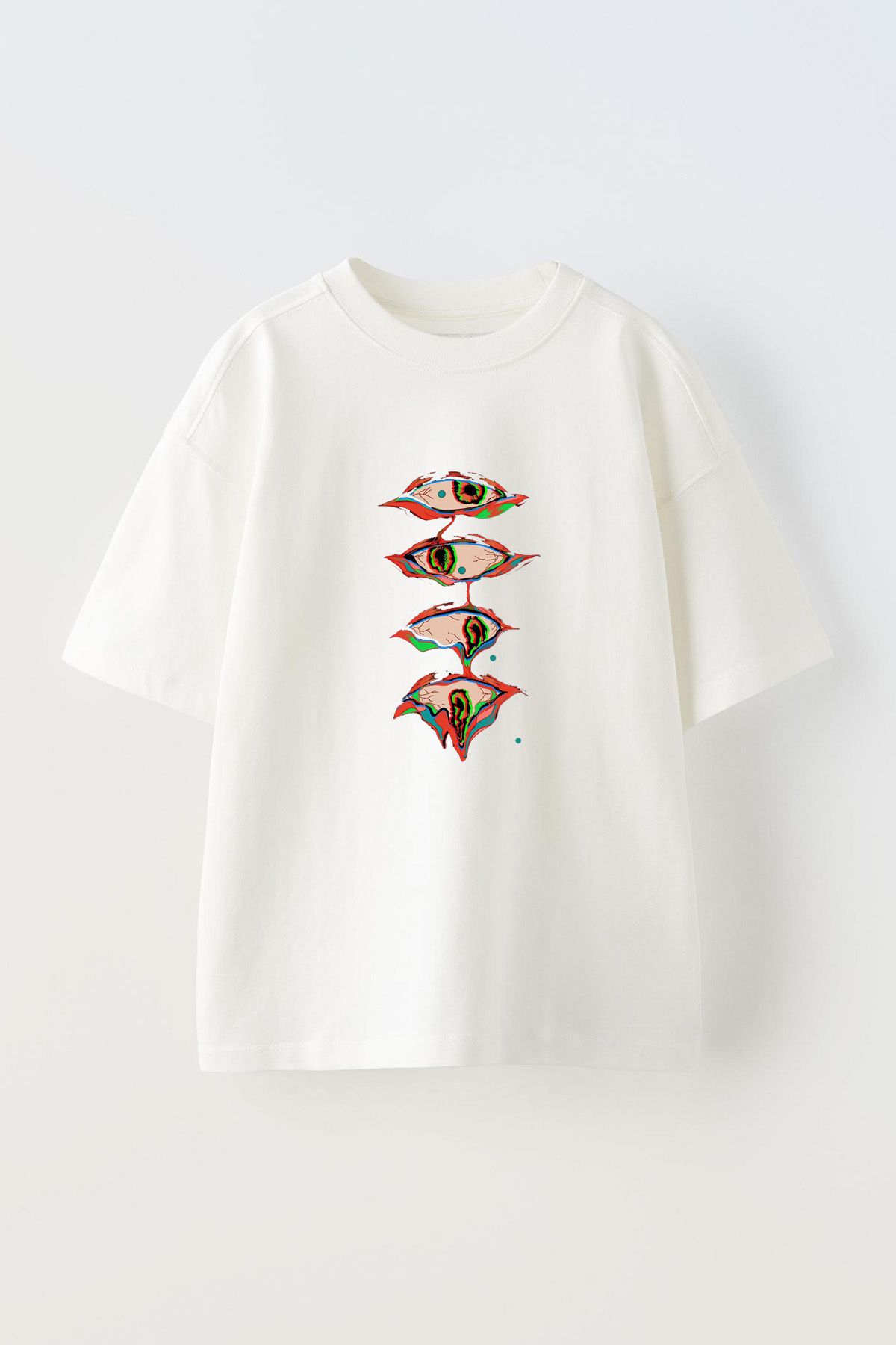 Anetos Red Eyes Ön Baskılı Pamuk Beyaz Oversize T-shirt