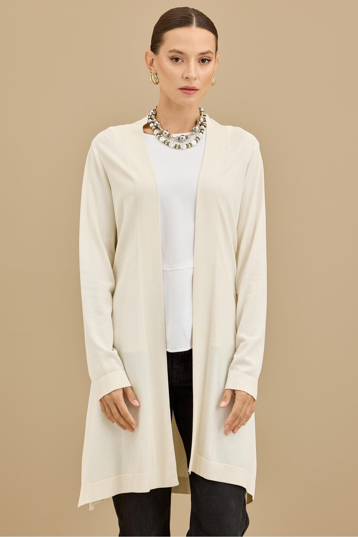 Tığ Triko Beli Kemerli Rayon Basic Hırka VANİLLA