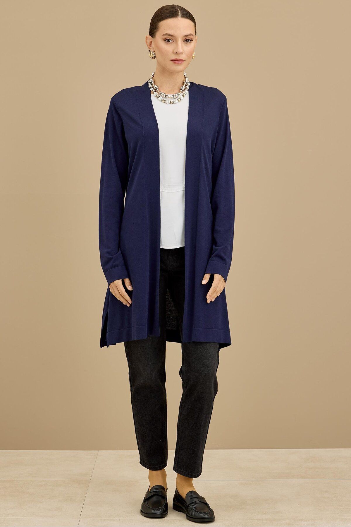 Tığ Triko Beli Kemerli Rayon Basic Hırka LACİVERT