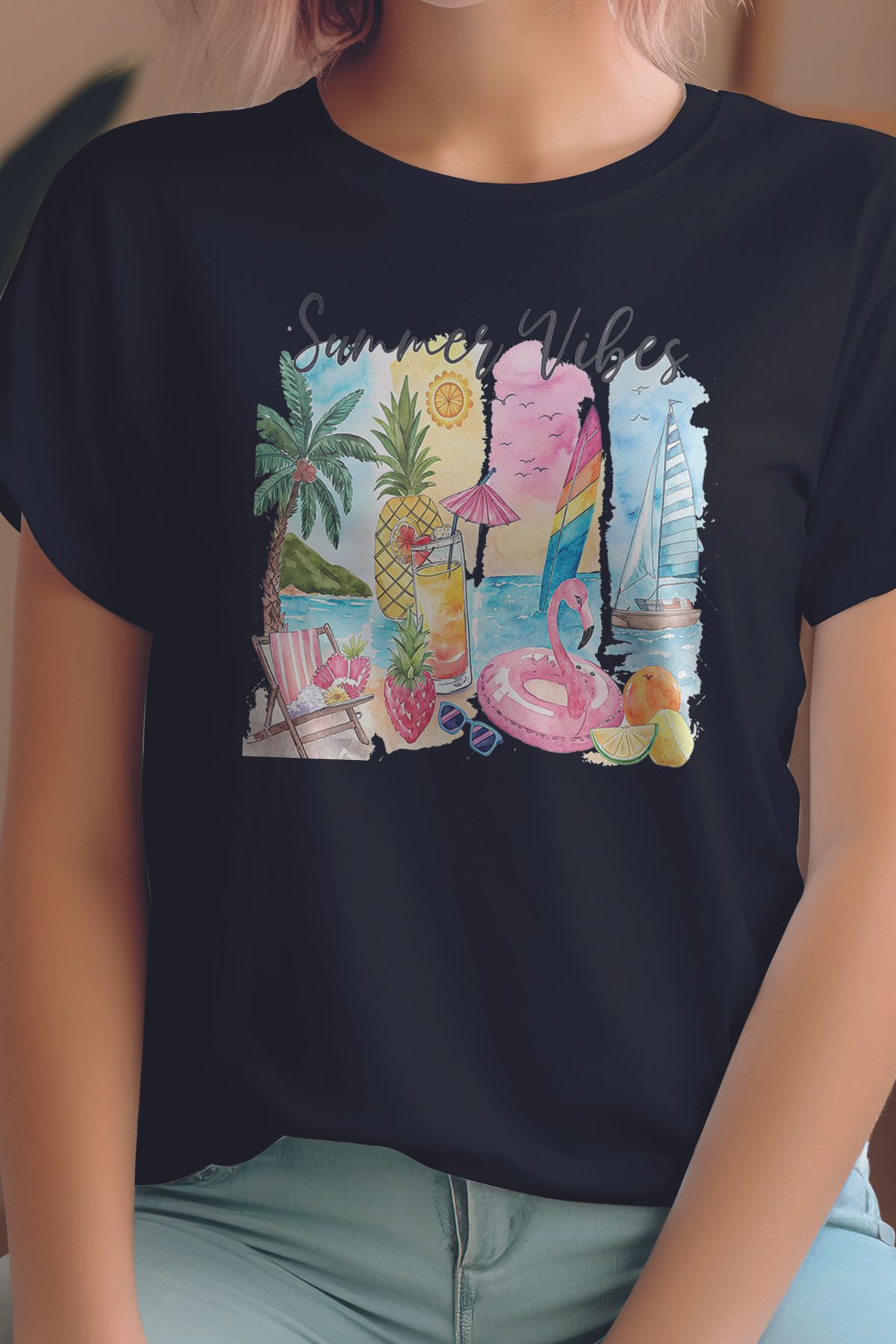 qoeuyl boutique Summer Vibes Baskılıyaz Temalı Unisex Regular Fit Pamuklu Siyah Tişört