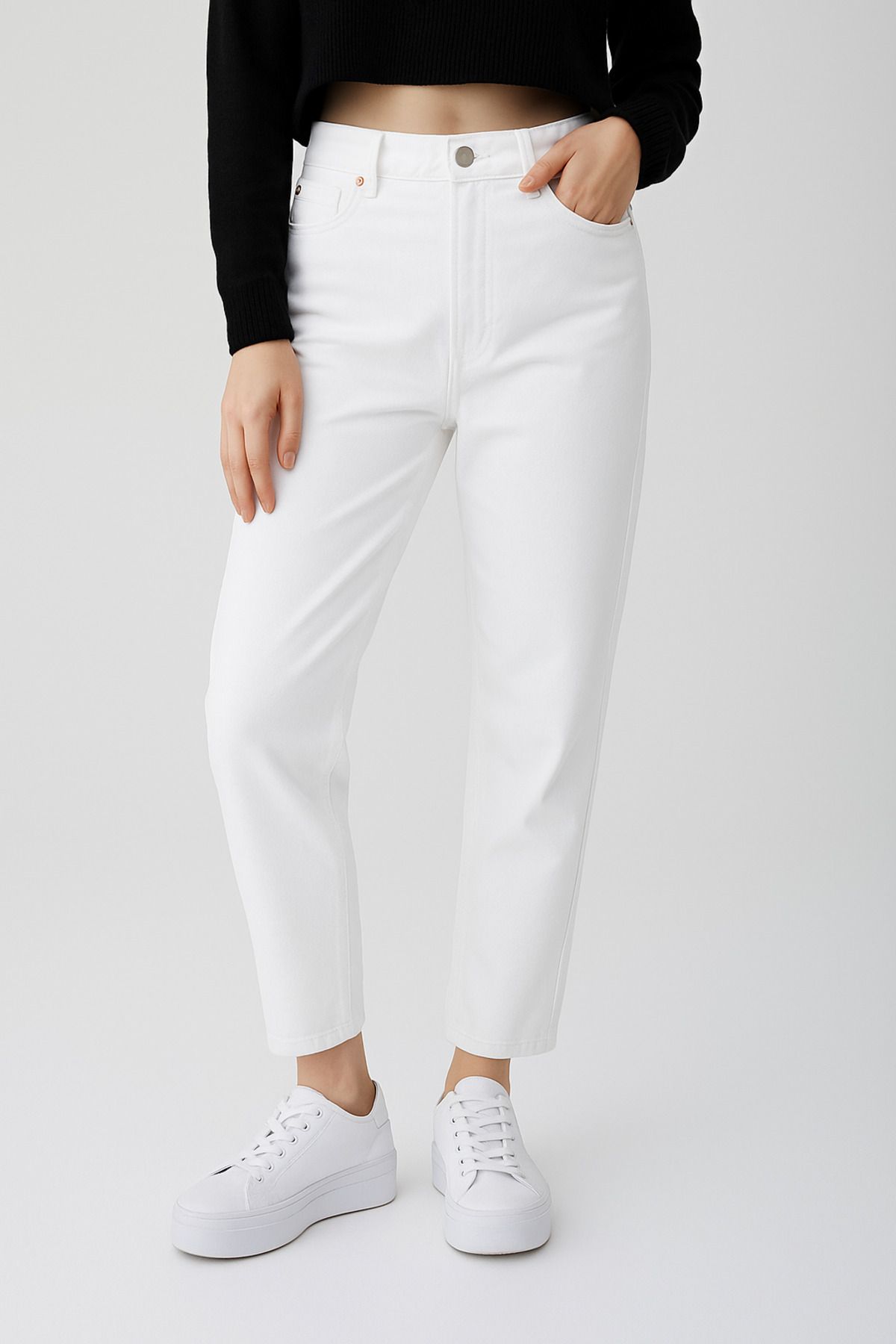Bigowl Kadın Beyaz Mom Jean Beyaz Yüksek Bel Mom Fit Jean Pantolon