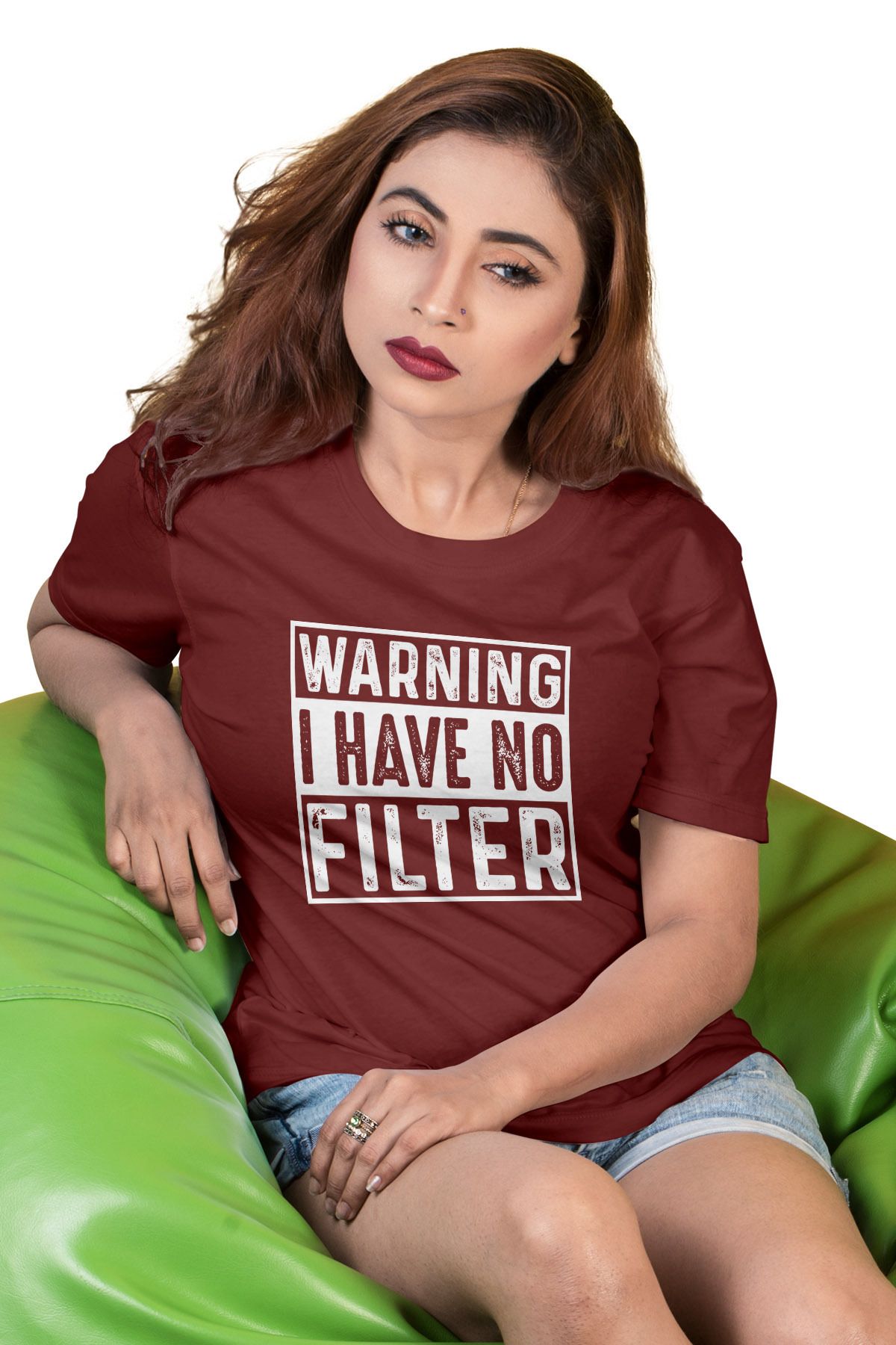 qoeuyl boutique Warning I Have No Filter Baskılı Unisex Regular Fit Pamuklu Bordo Tişört
