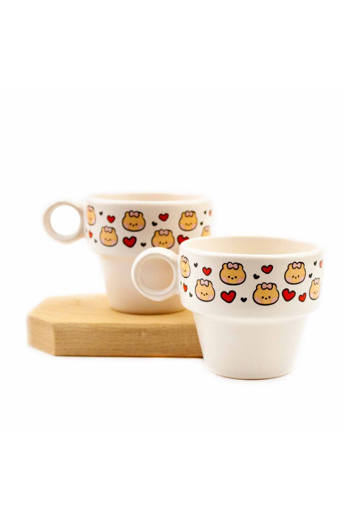 PALTO TASARIM Kırmızı Kalpler & Puppy 2'li Espresso Bardak Seti - Hediye Seramik Fincan