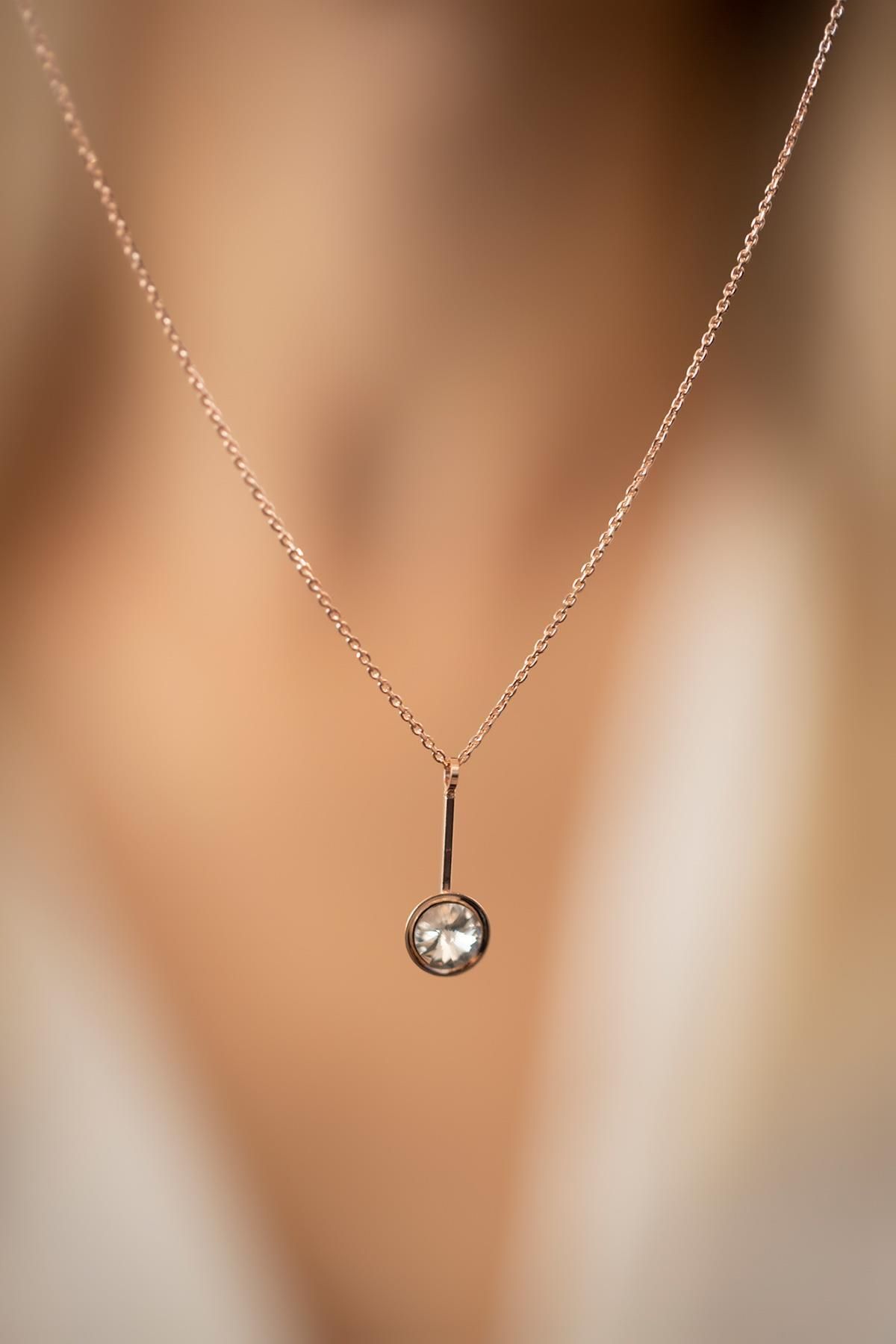 Ninova Silver Çubuk ve Tektaş Model Rose Kaplama Gümüş Crystal Kolye