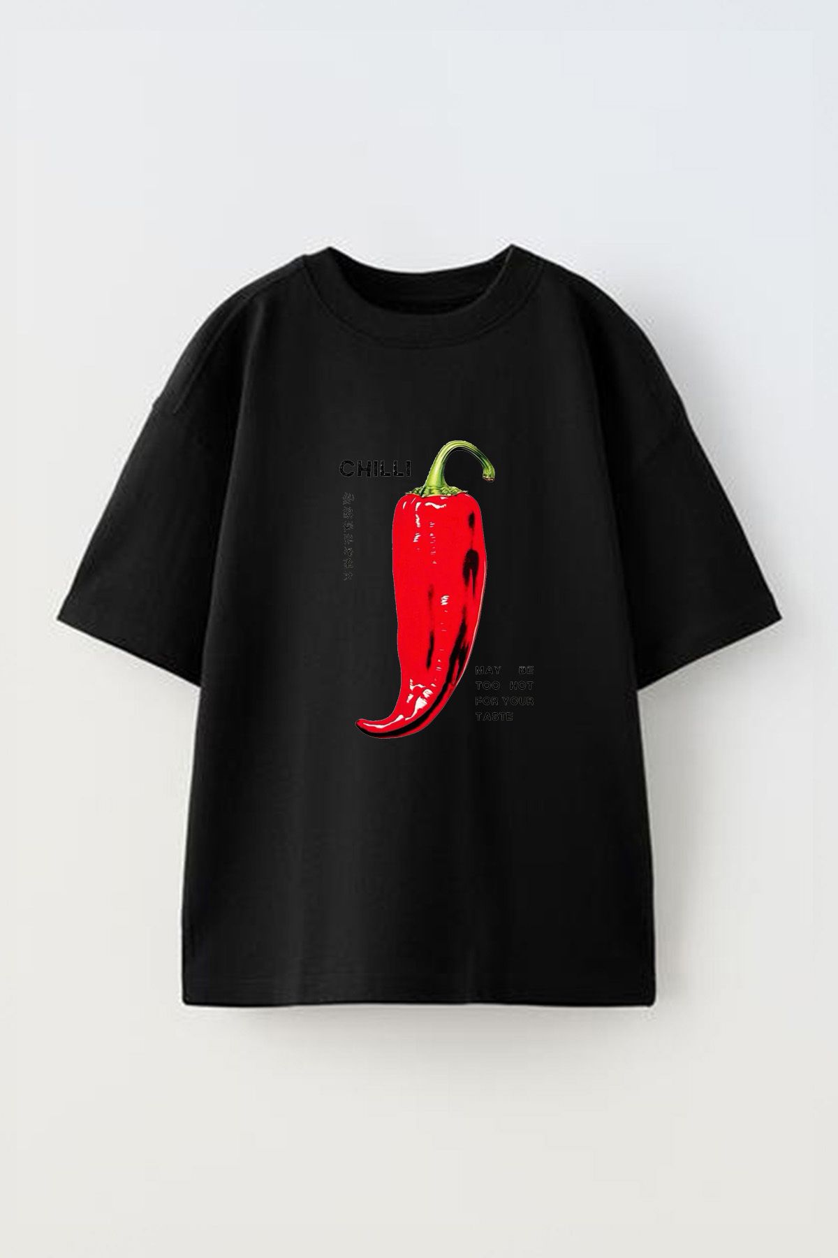Anetos Chilli Pepers Ön Baskılı Pamuk Siyah Oversize T-shirt