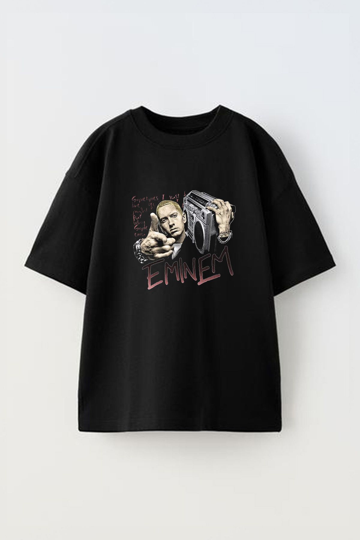 Anetos Eminem Gang Ön Baskılı Pamuk Siyah Oversize T-shirt