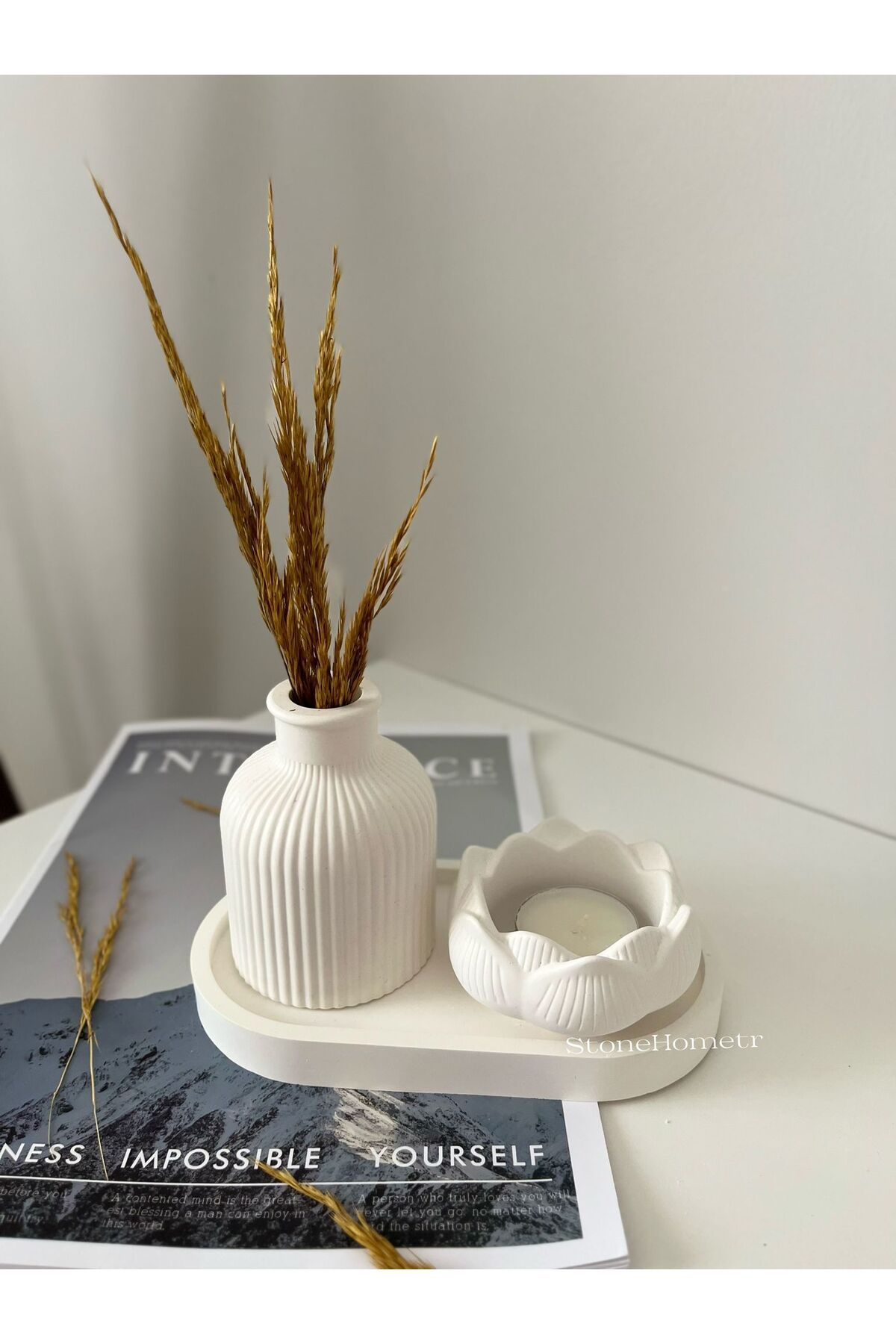 Home 3'lü Oval Tepsi,Vazo,Lotus Mumluk(Mum ve kuru çiçekler dahil değildir.)