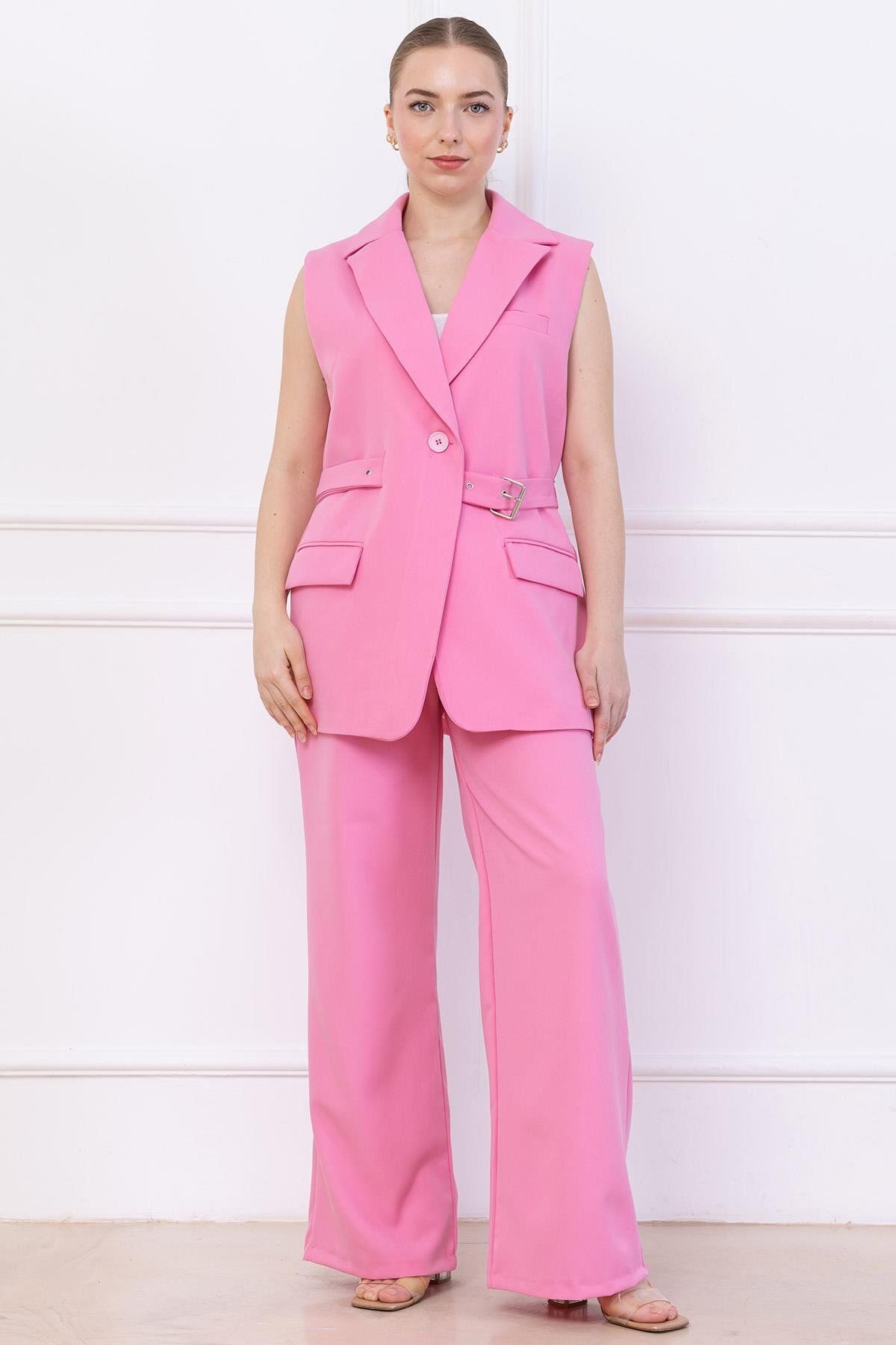 SENSTIL Kemerli Yelekli Takım Pembe SS2749