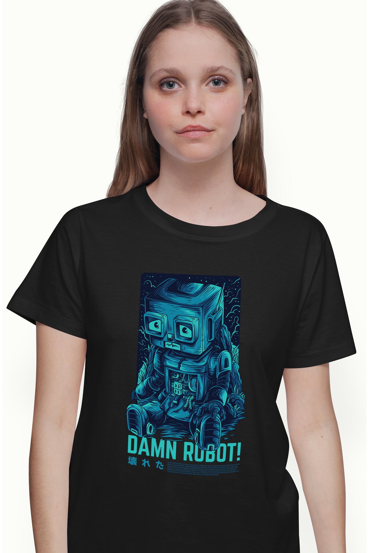 StoryGift Romania Tricou Femei Cu Robot Albastru Copil Trist Text In Engleza Damn Robot, Ilustrati Blk_m Femeie - L