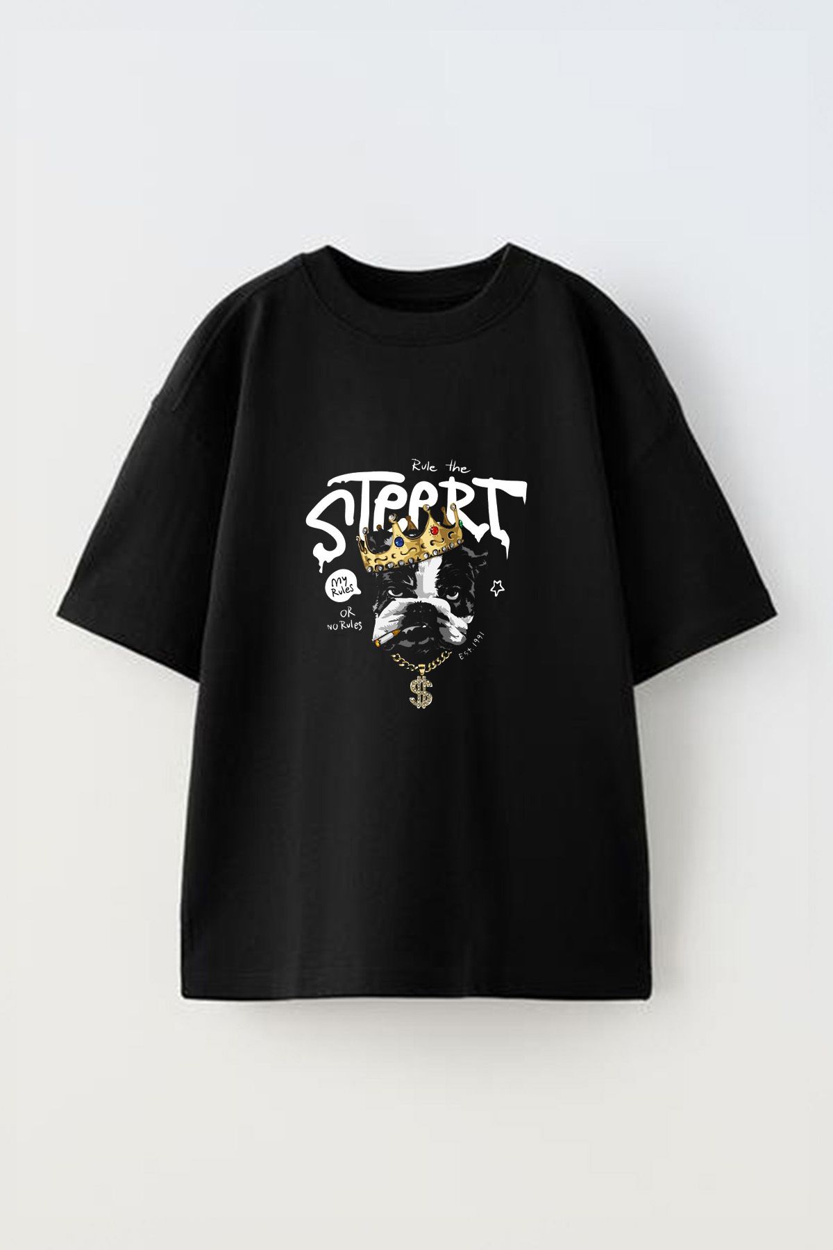 Anetos Streert King Dog Ön Baskılı Pamuk Siyah Oversize T-shirt