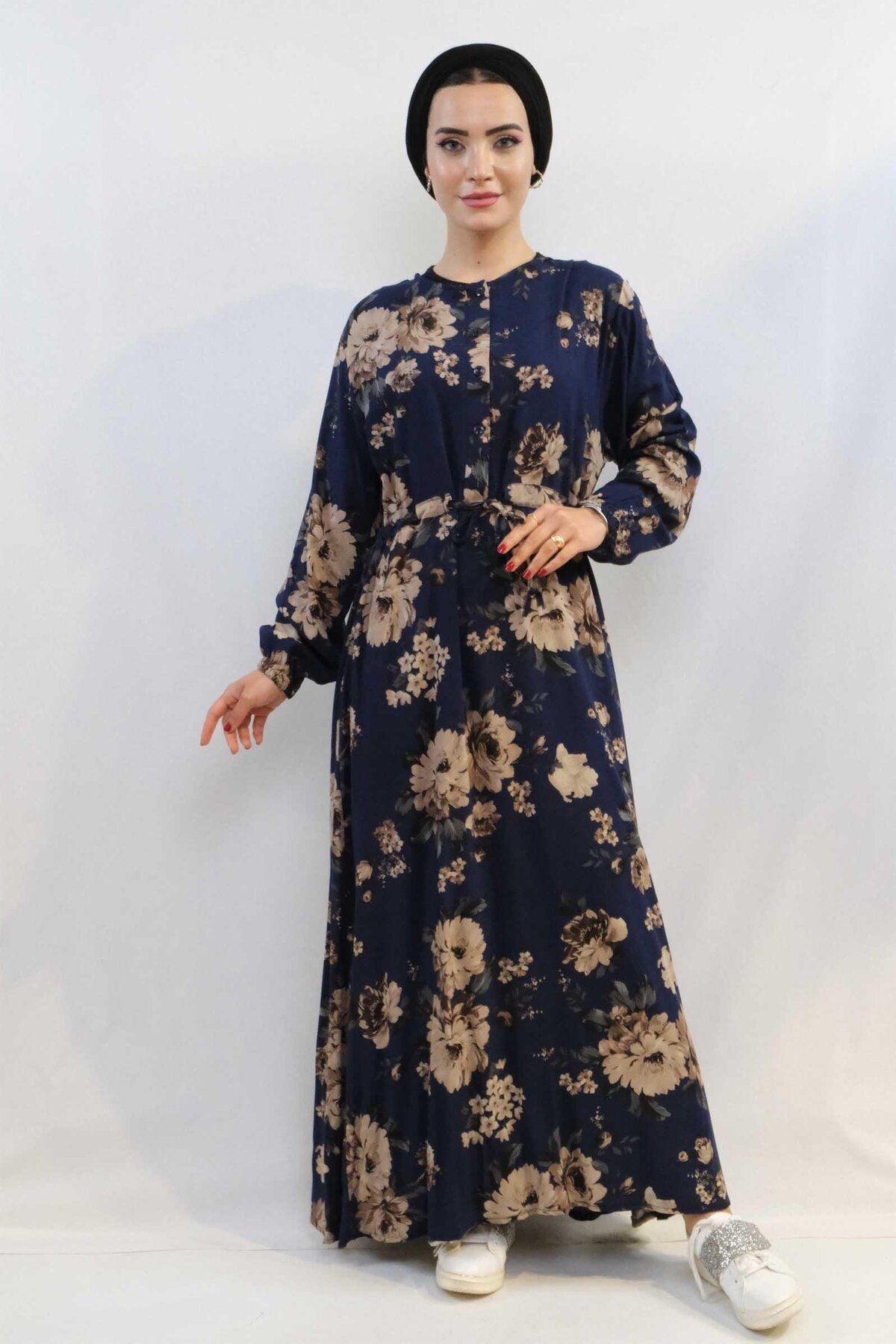 LLOHA Moda Çizgi Gül Desenli Elbise MC4101 Lacivert