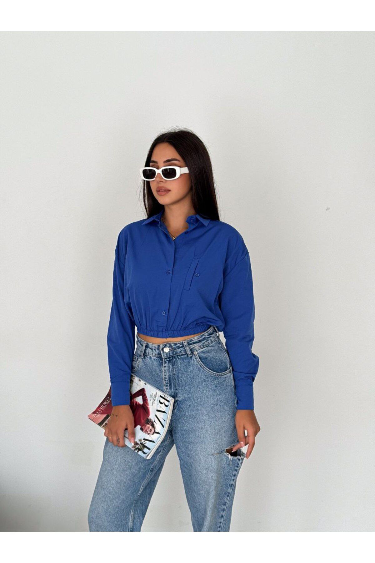 stilsepeti Kadın Saks Mavisi Beli Lastikli Cepli Terry Cotton Crop Gömlek TLL-10003835