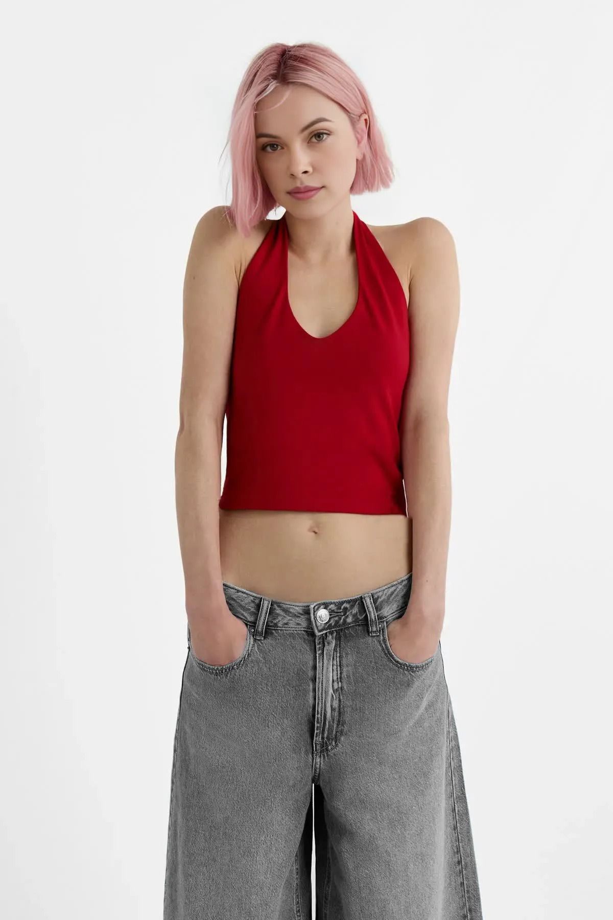 dgs dagıstanlı Kadın Kırmızı Halter Yaka Crop Top Body