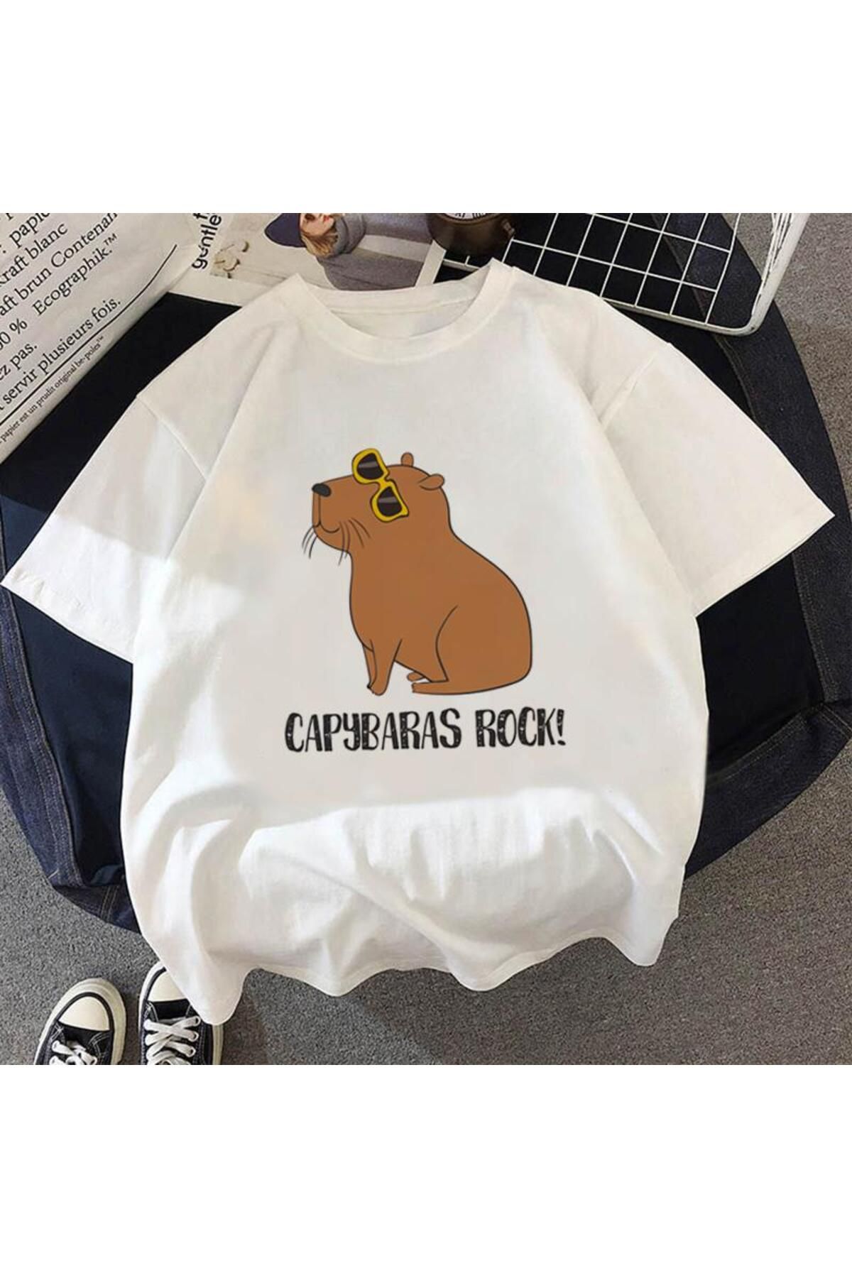 POPULUS Capybaras Rock Beyaz T-shirt