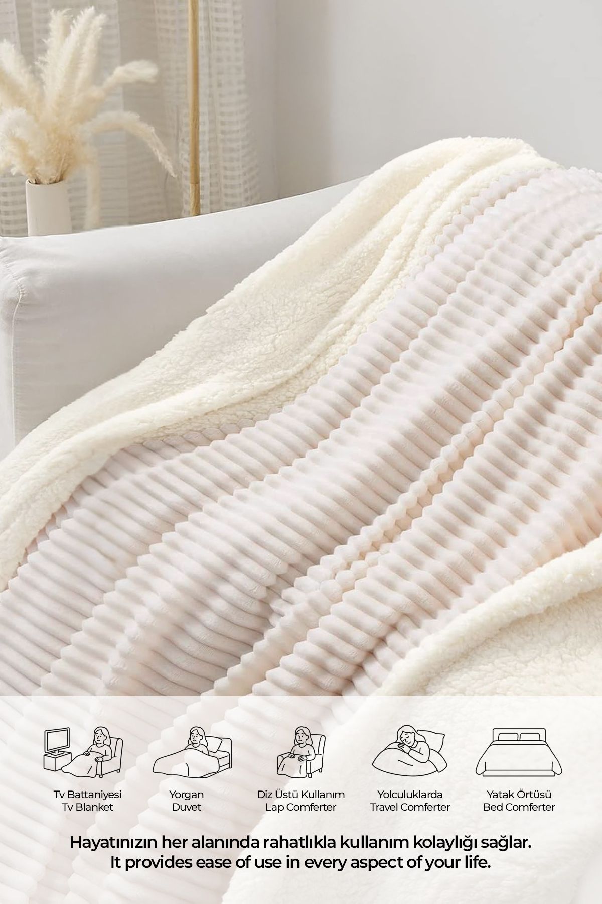 Evlen Home Collection-Sherpa Blanket Double, Striped Soft Plush Wellsoft Bedspread Cream 5