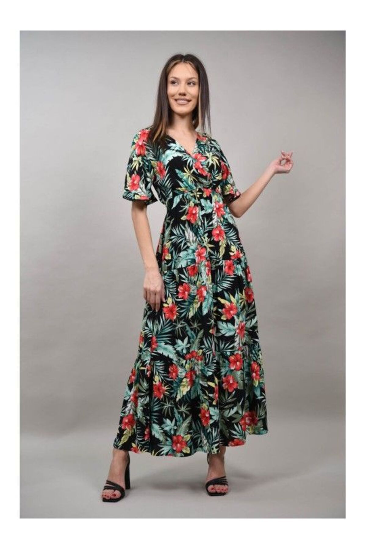 sweet girl-BOHO CHIC INDIAN LONG DRESS WITH SHORT SLEEVE MULTICOLOR NUVOLOSA Black S-M 1