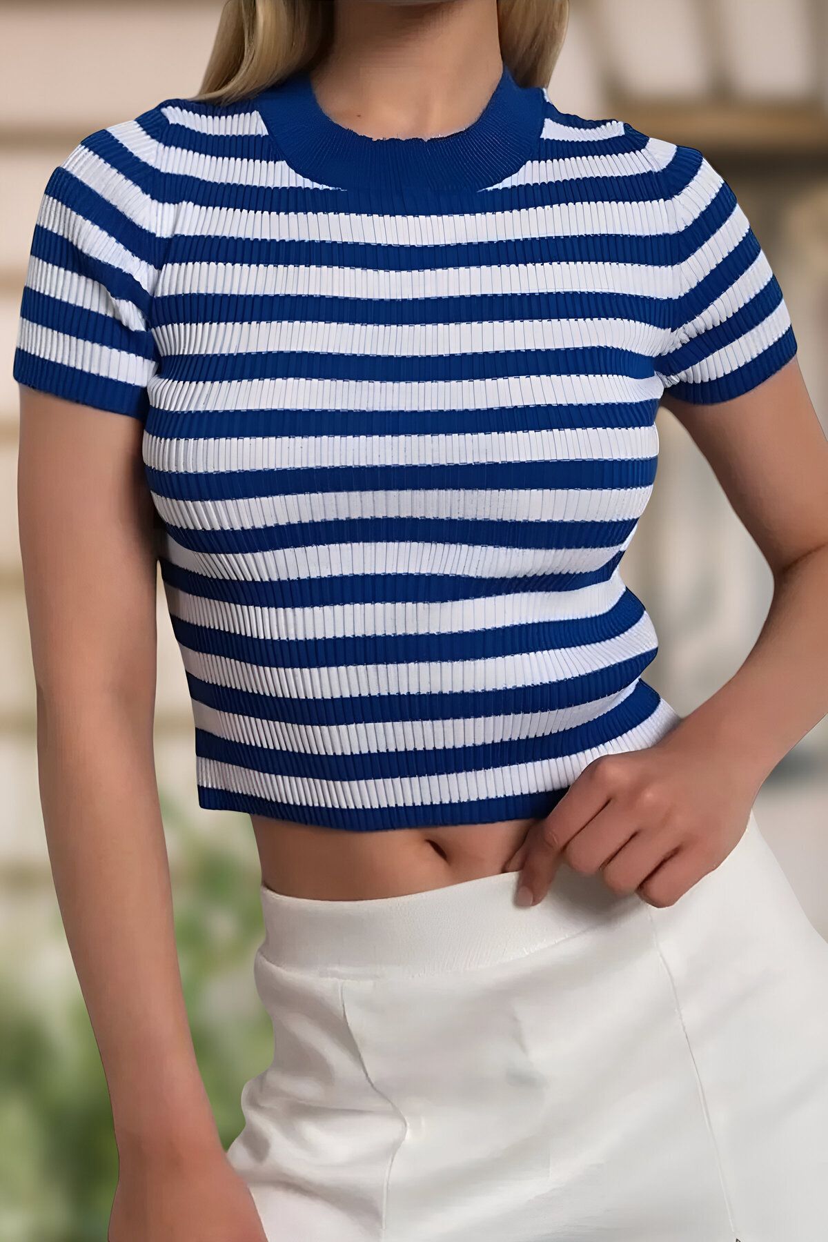 citystyle Kadın Kısa Kollu Çizgili Bisiklet Yaka Basic Saks Bluz