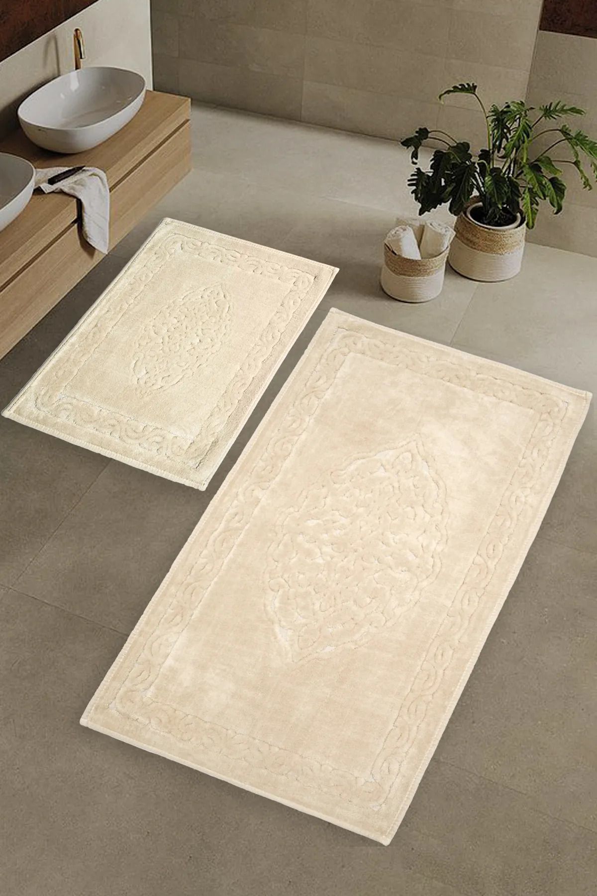 Çelsa Home Pamuklu 2'li Banyo Paspas Takımı Damask Desen Cappuccino