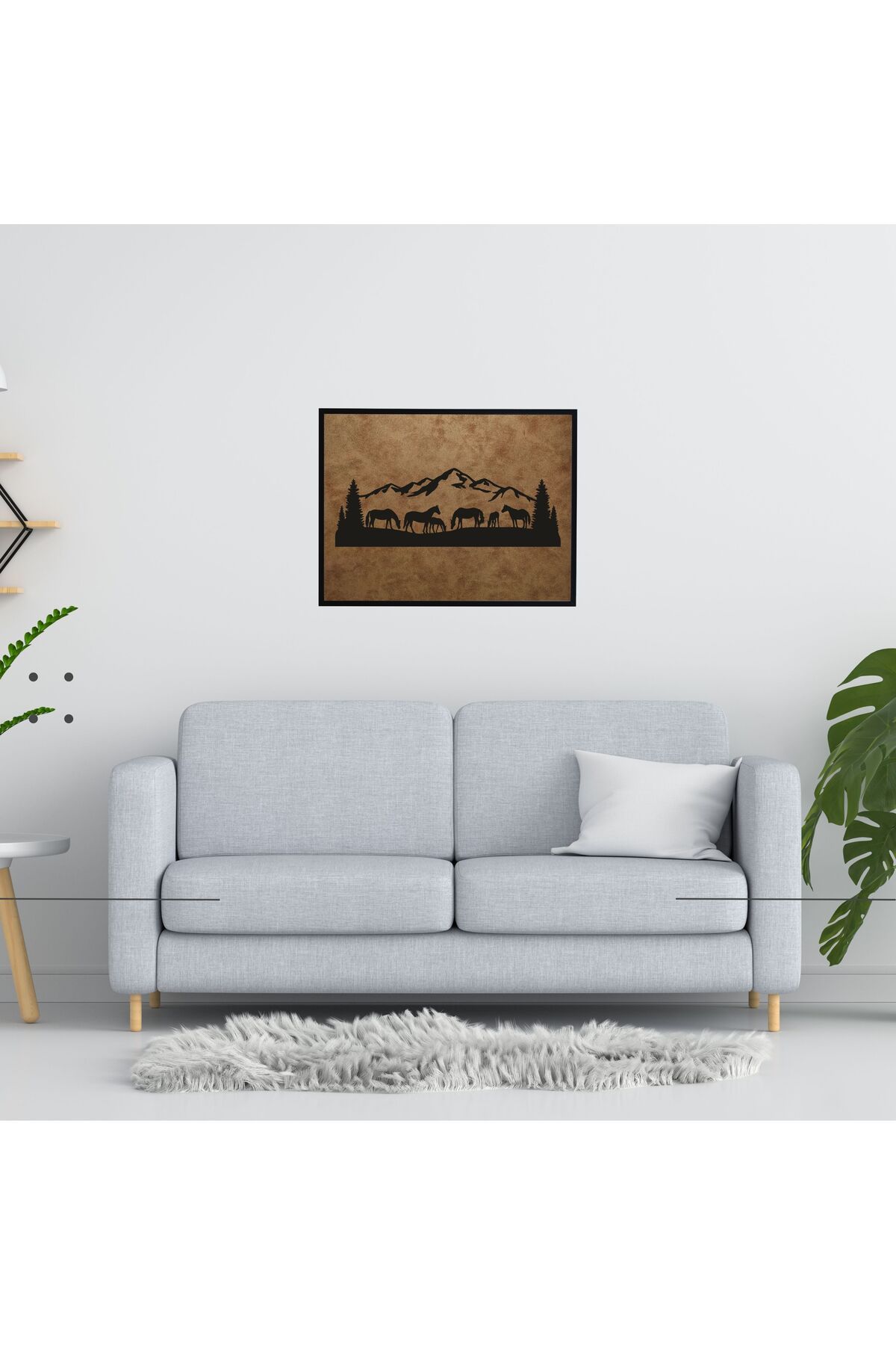 Grand Fine Art Çerçeveli Süet Deri Üzerine Siyah Mdf Tablo At Sürüsü ve Dağ
