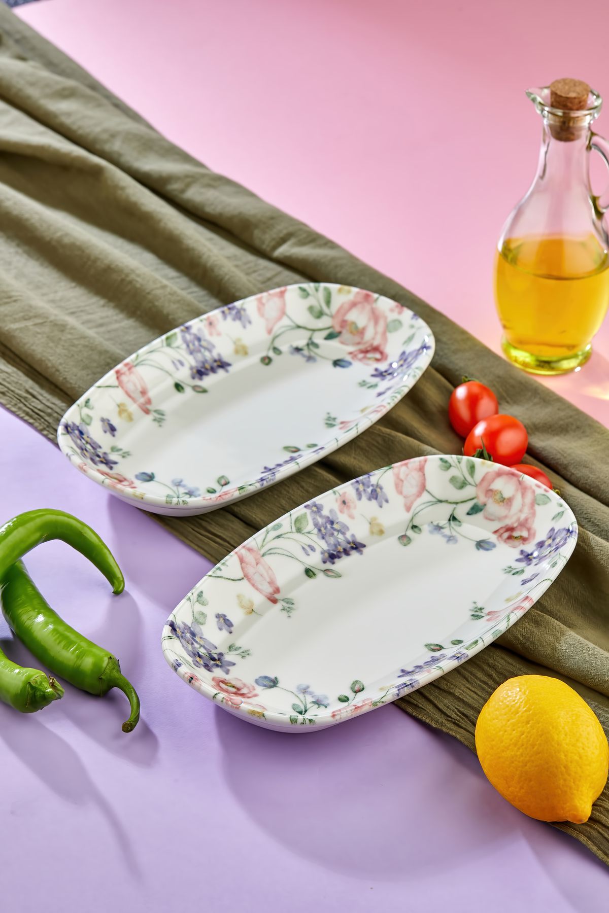 Cooker 2’li Oval Çiçek Desenli Porselen Sunum Tabağı Seti 24.5 cm – Romantik Desen, Şık Sunum