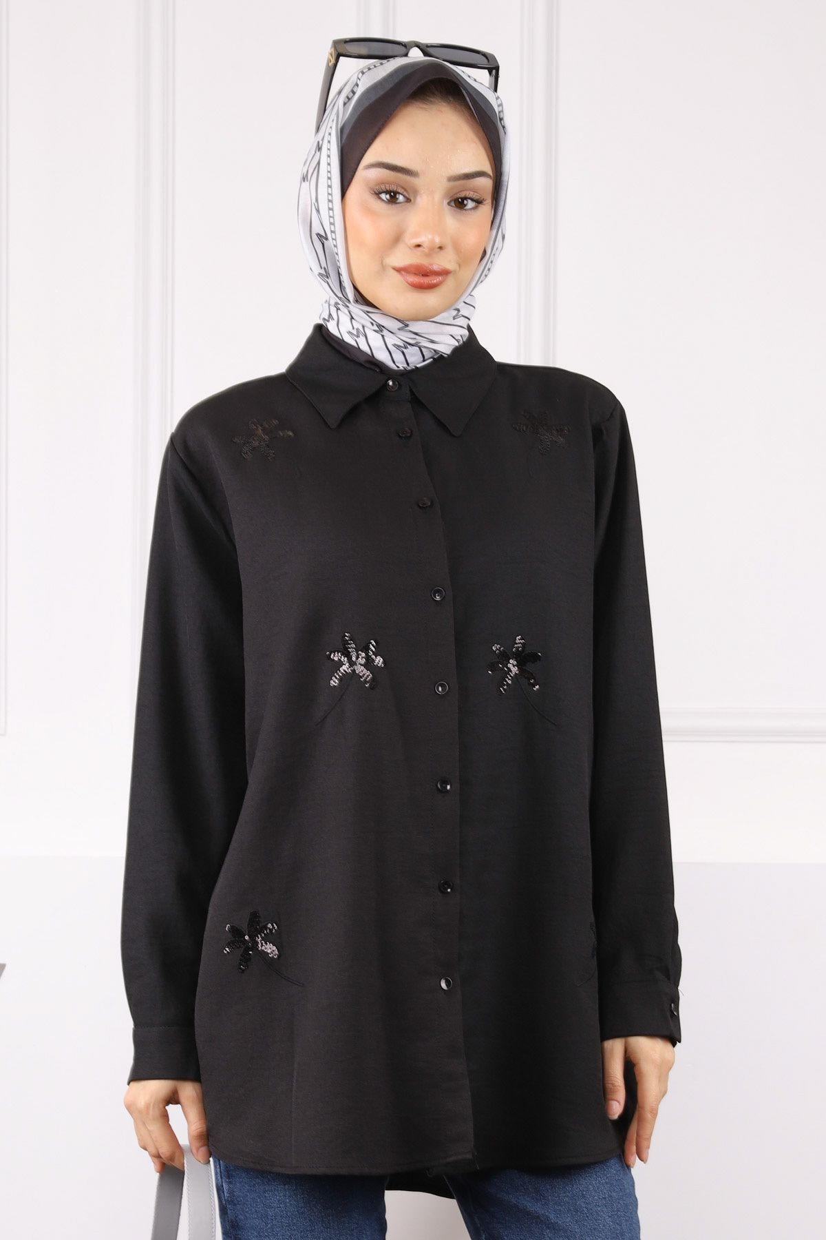 İmajButik Siyah Pul İşlemeli Gömlek