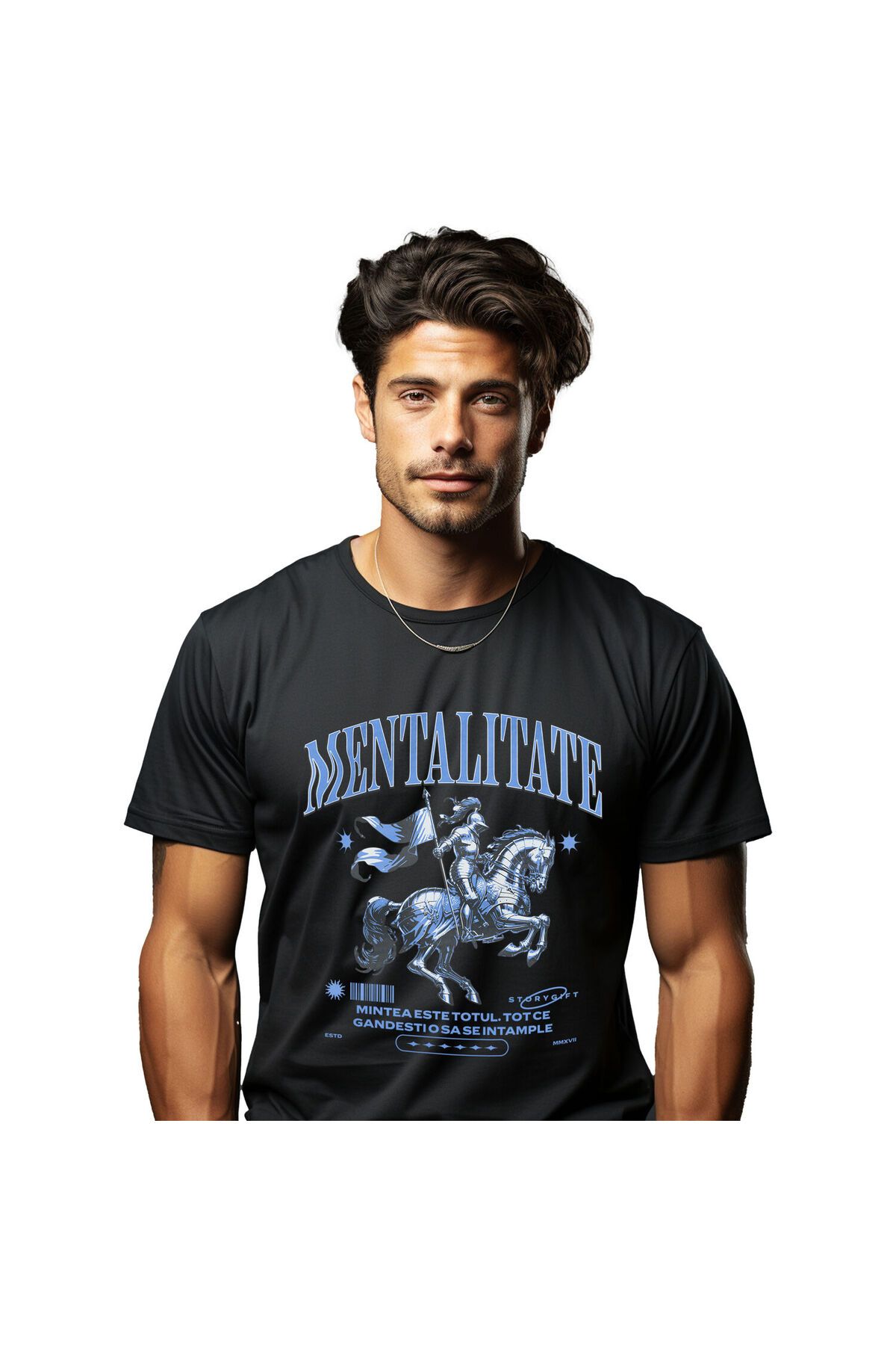 StoryGift Romania Tricou Barbati Cu Cavaler Cu Steag Si Armura Calarid Armasar Motivational Cu Imp,black_s Masculin - M