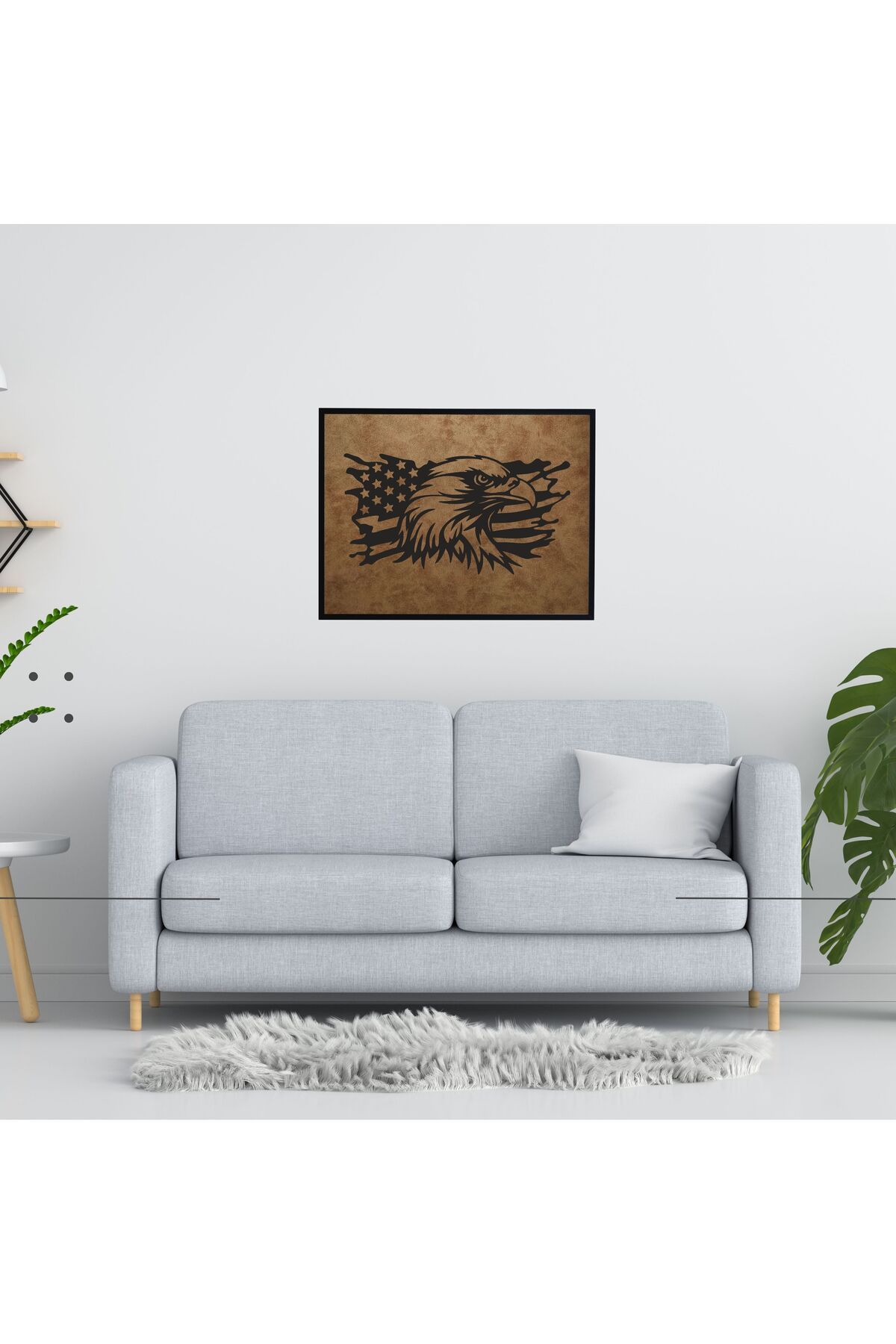 Grand Fine Art Çerçeveli Süet Deri Üzerine Siyah Mdf Tablo Kartal Bayrak