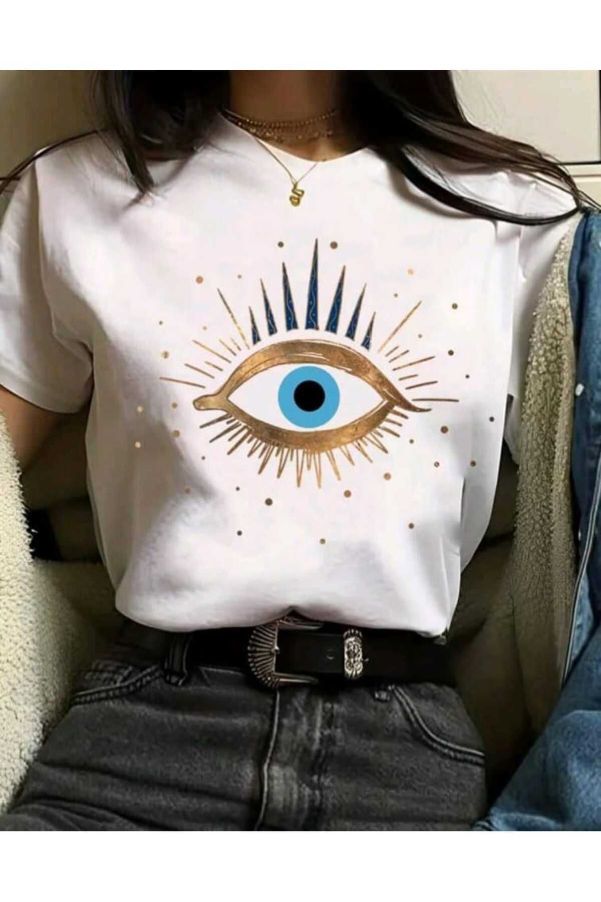 Perodia Beyaz GÖZ Baskılı Oversize T-shirt
