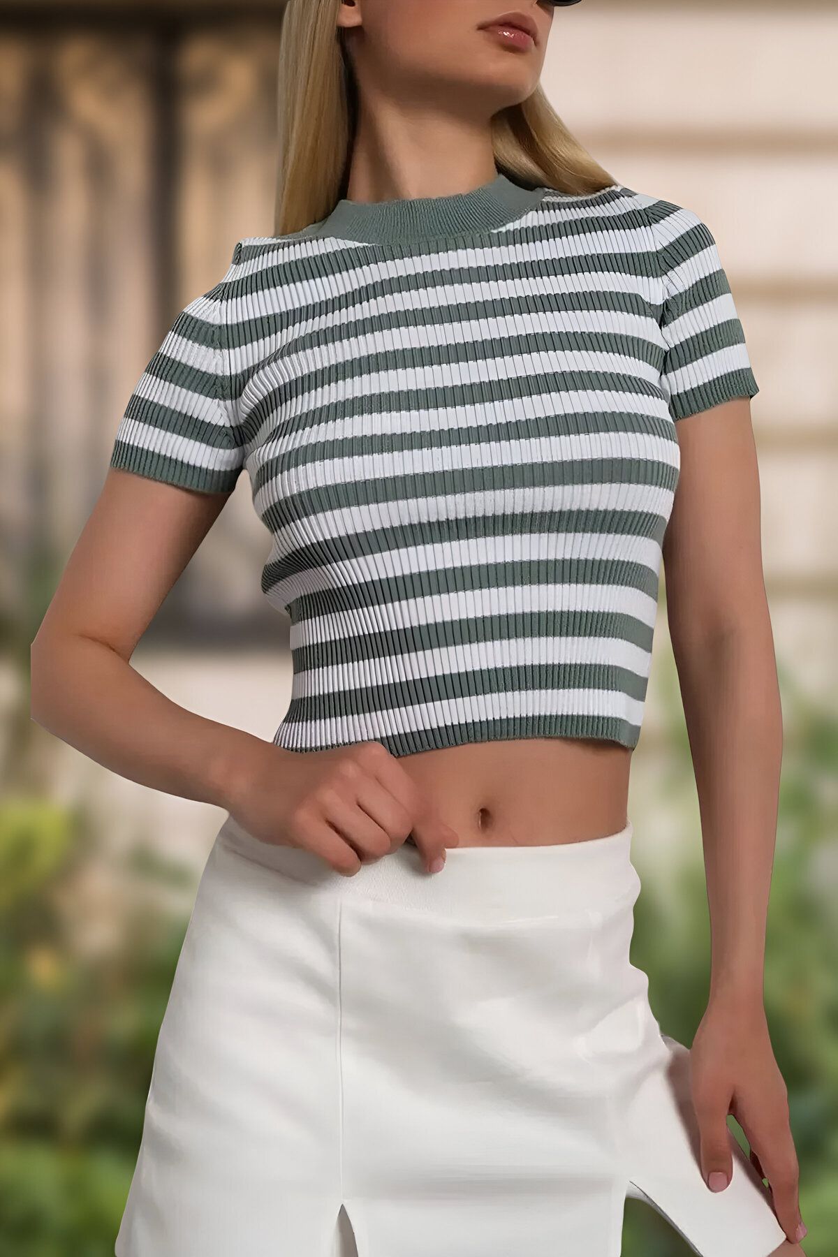 citystyle Kadın Kısa Kollu Çizgili Bisiklet Yaka Basic Mint Bluz