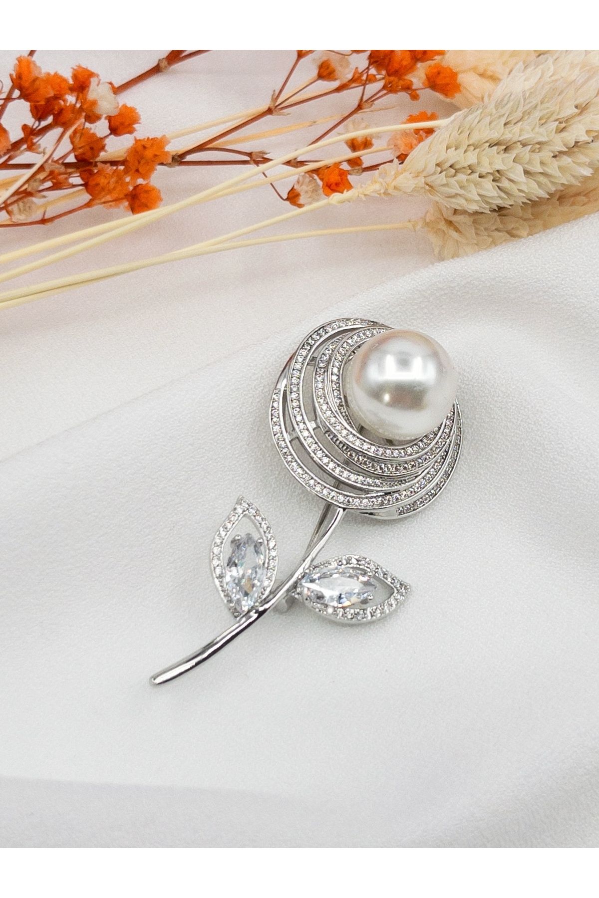 Siya Silver Zirkon Taşlı İncili Gül Broş