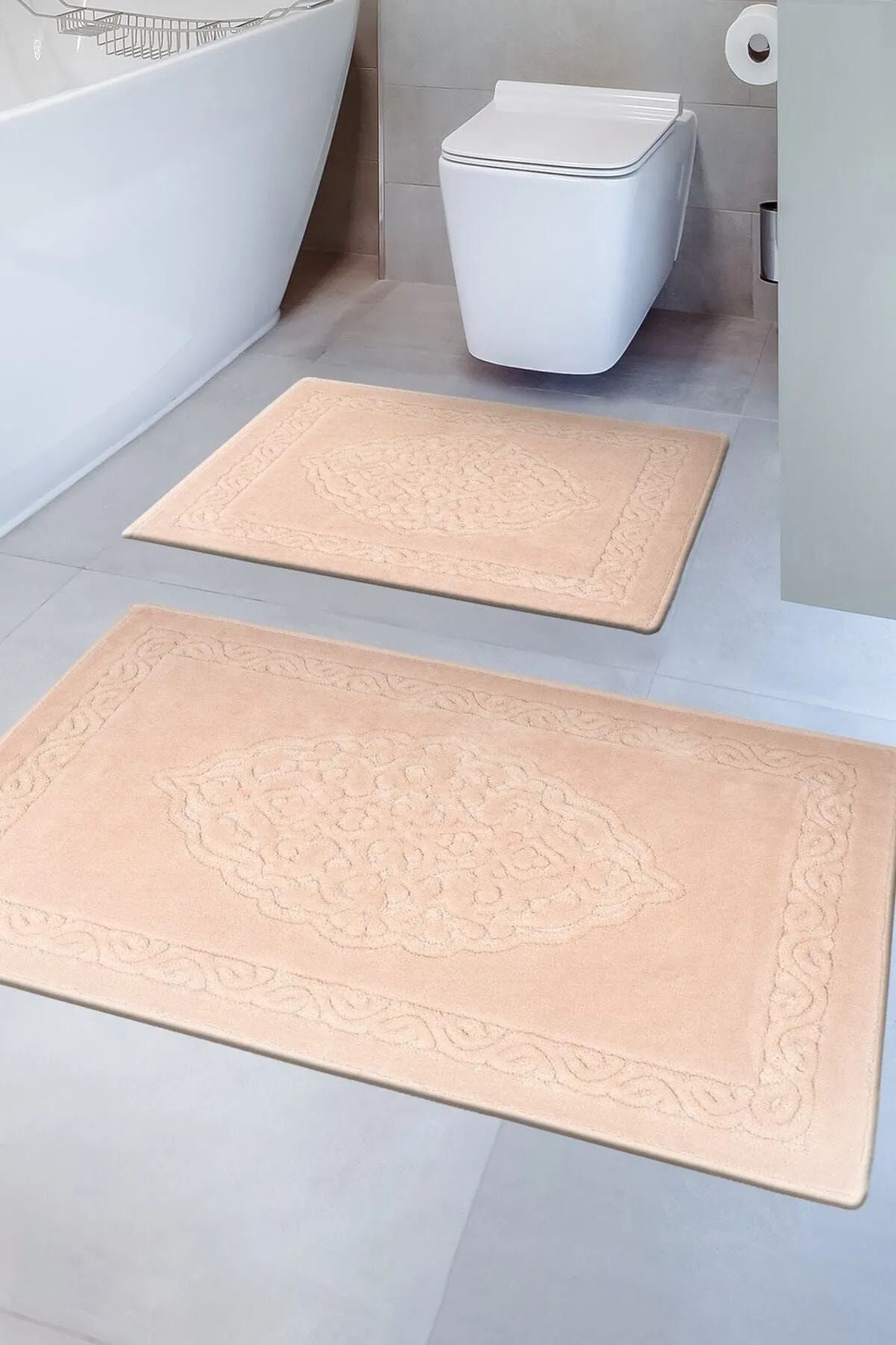 Çelsa Home Pamuklu 2'li Banyo Paspas Takımı Damask Desen Pudra