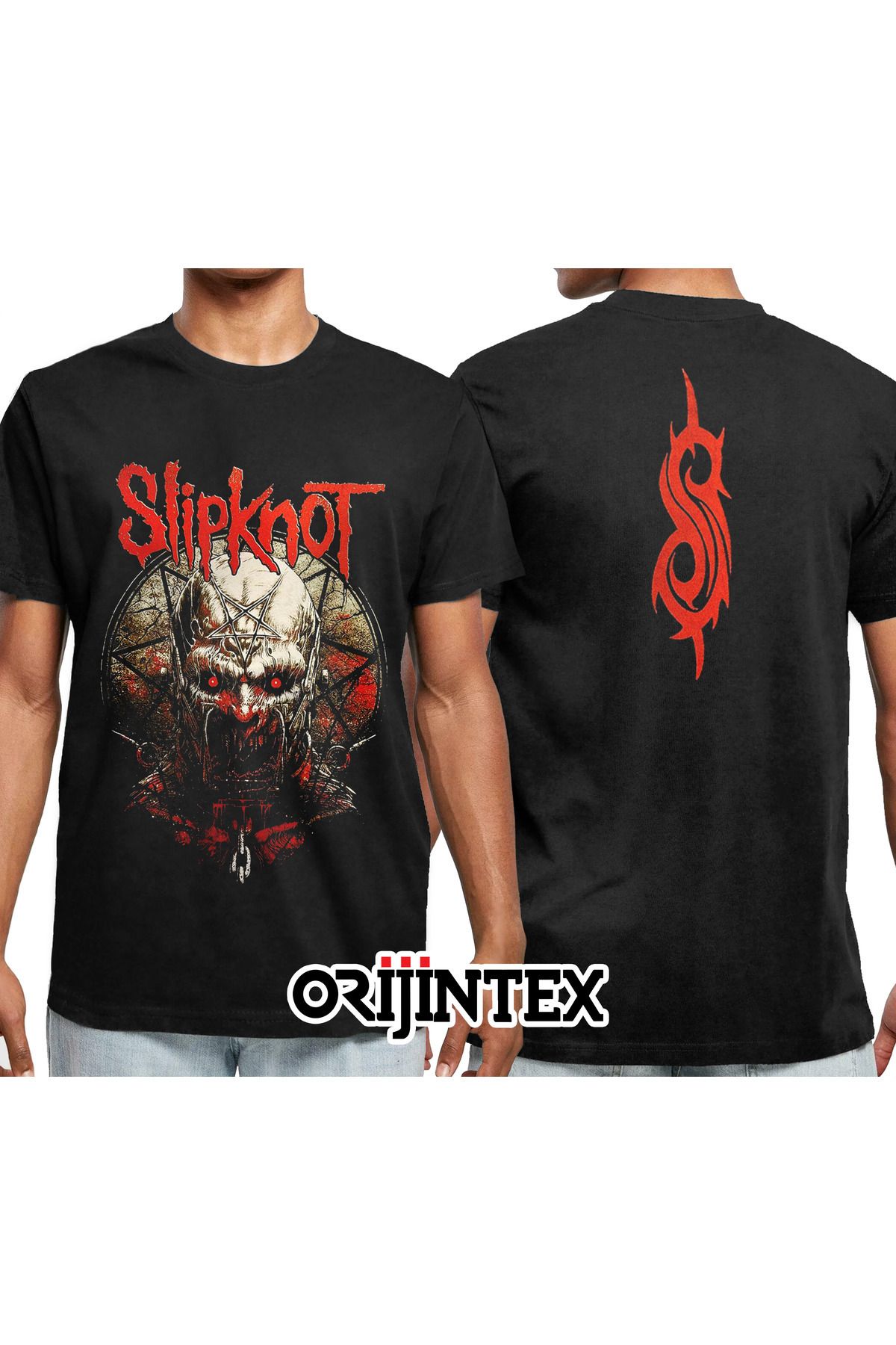 orijintex Slipknot Skull Ön Arka Baskılı Unisex Siyah Tshirt
