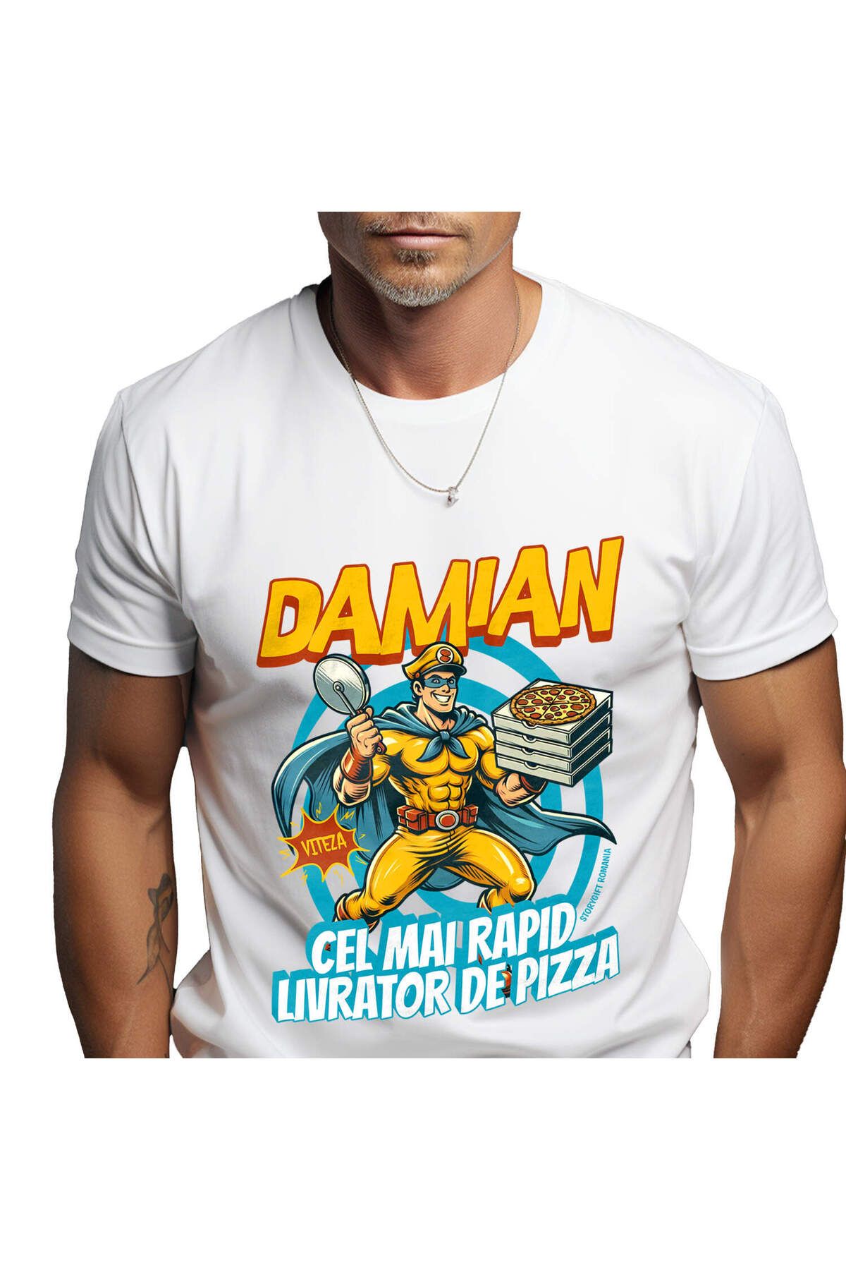 StoryGift Romania Tricou Barbati Cu Cuper Erou Barbat Cu Pelerina Cutii De Pizza Fas Food Curier C,white_xl Masculin - M