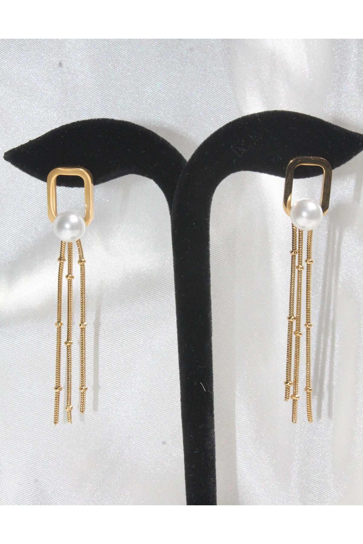 TEDDY JEWELLRY İncili Kare Sallantılı Gold Çelik Küpe