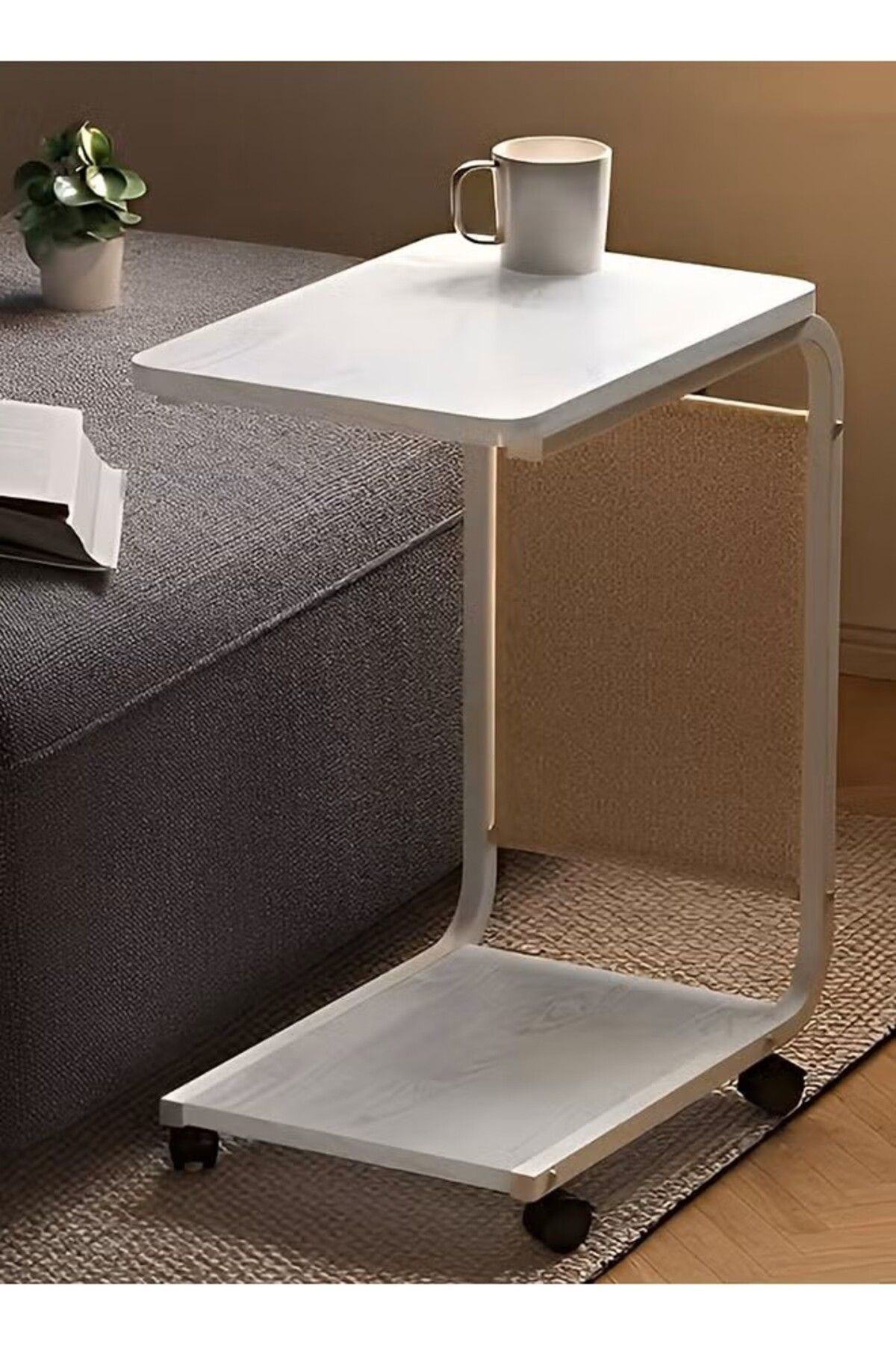 Taimi-C-shaped Side Table With Wheels And Storage Bag, Modern Design Coffee Table, 45x30x63cm - White 1