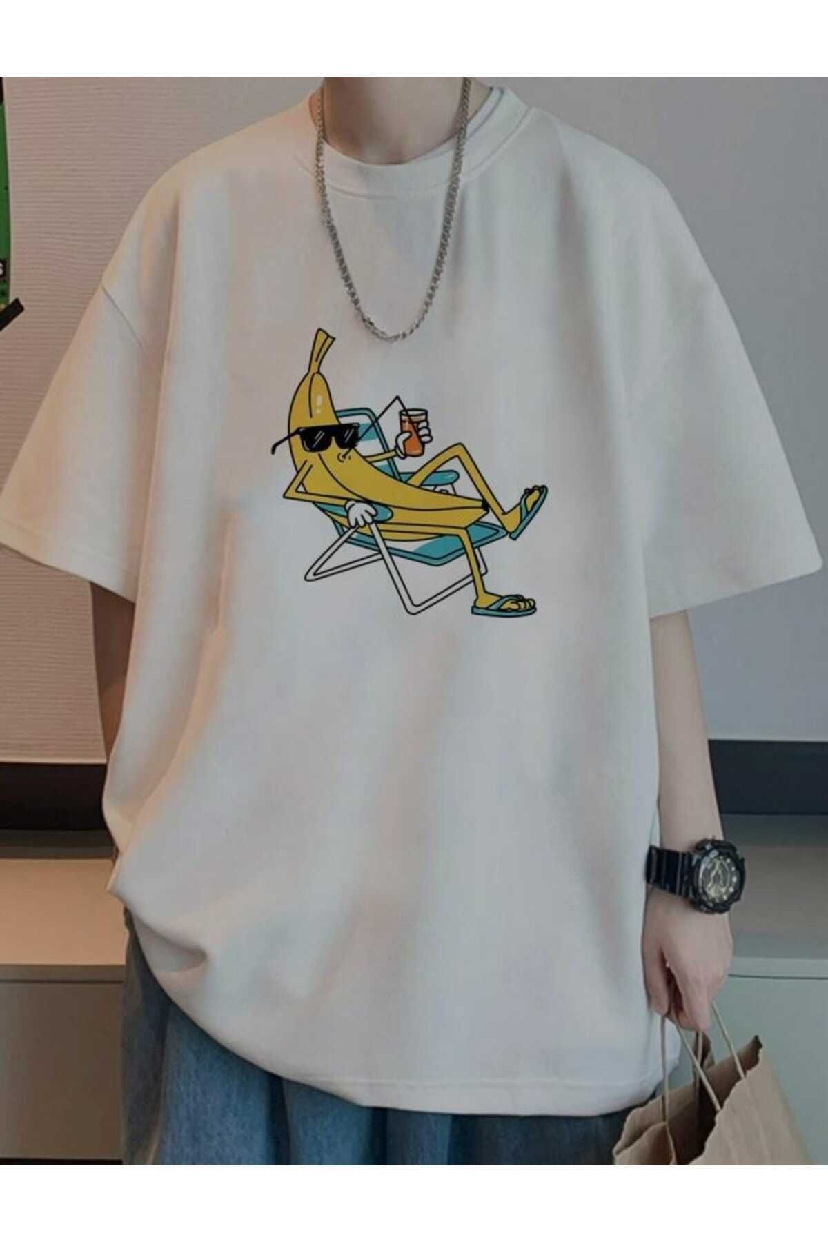 Perodia Beyaz Banana Men Baskılı Oversize tşört