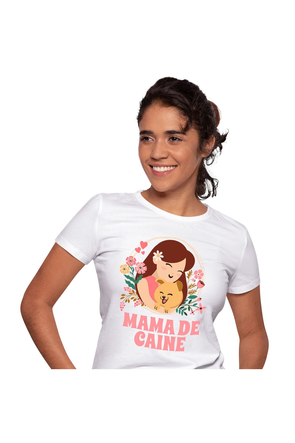 StoryGift Romania Tricou Femei Cu Fata Si Caine Rama Naturala Creanga Flori Colorate Mama De Caine,white_m Femeie - XL