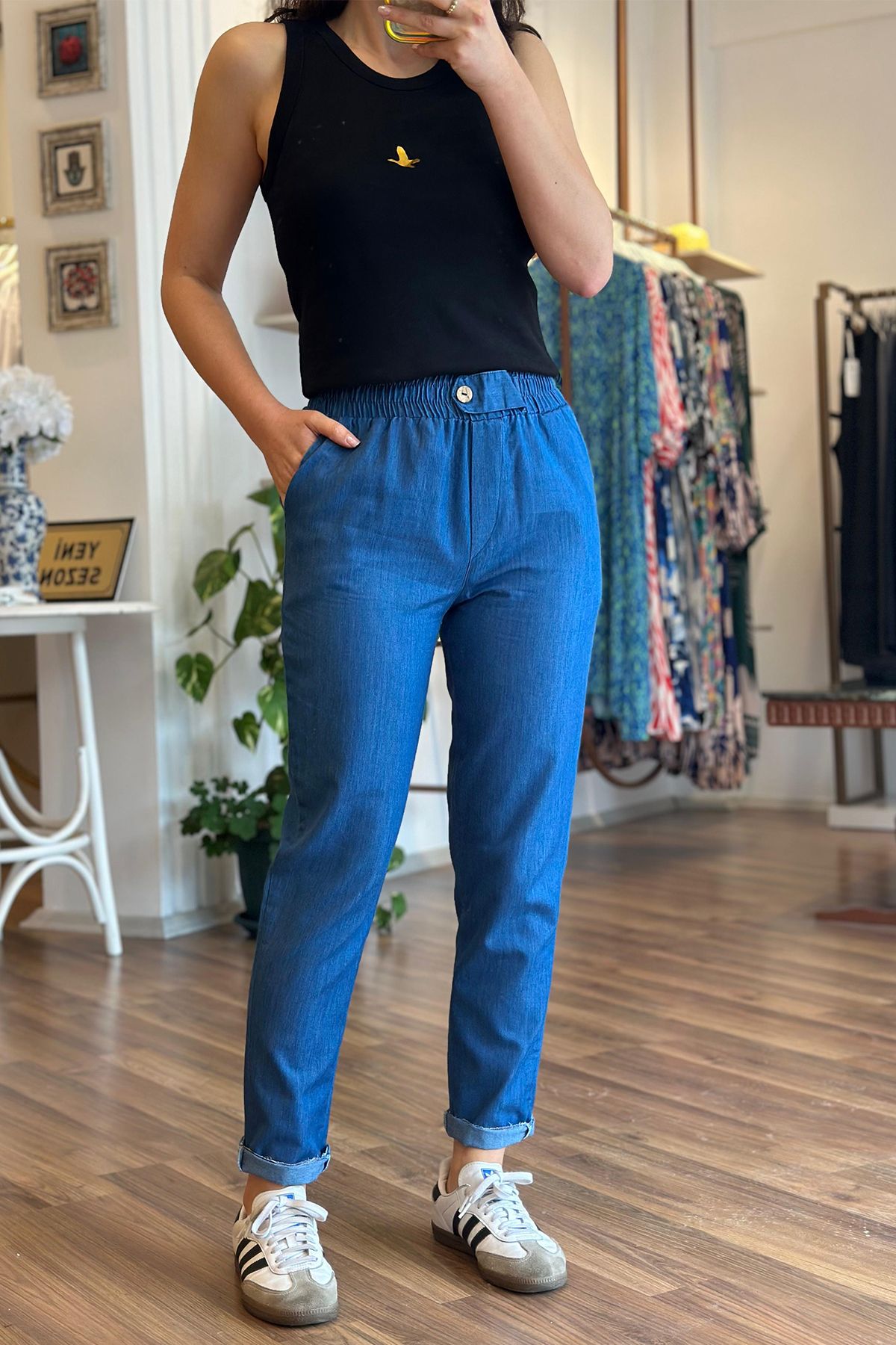 Unique Boutique Lacivert İnce Kumaş Beli Lastikli Pantolon