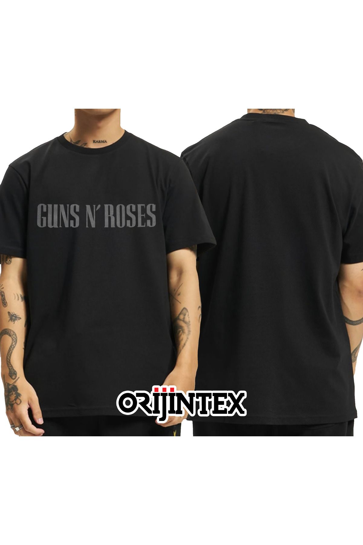 orijintex Guns N Roses Antrasit Renk Yazı Baskılı Unisex Siyah Tshirt