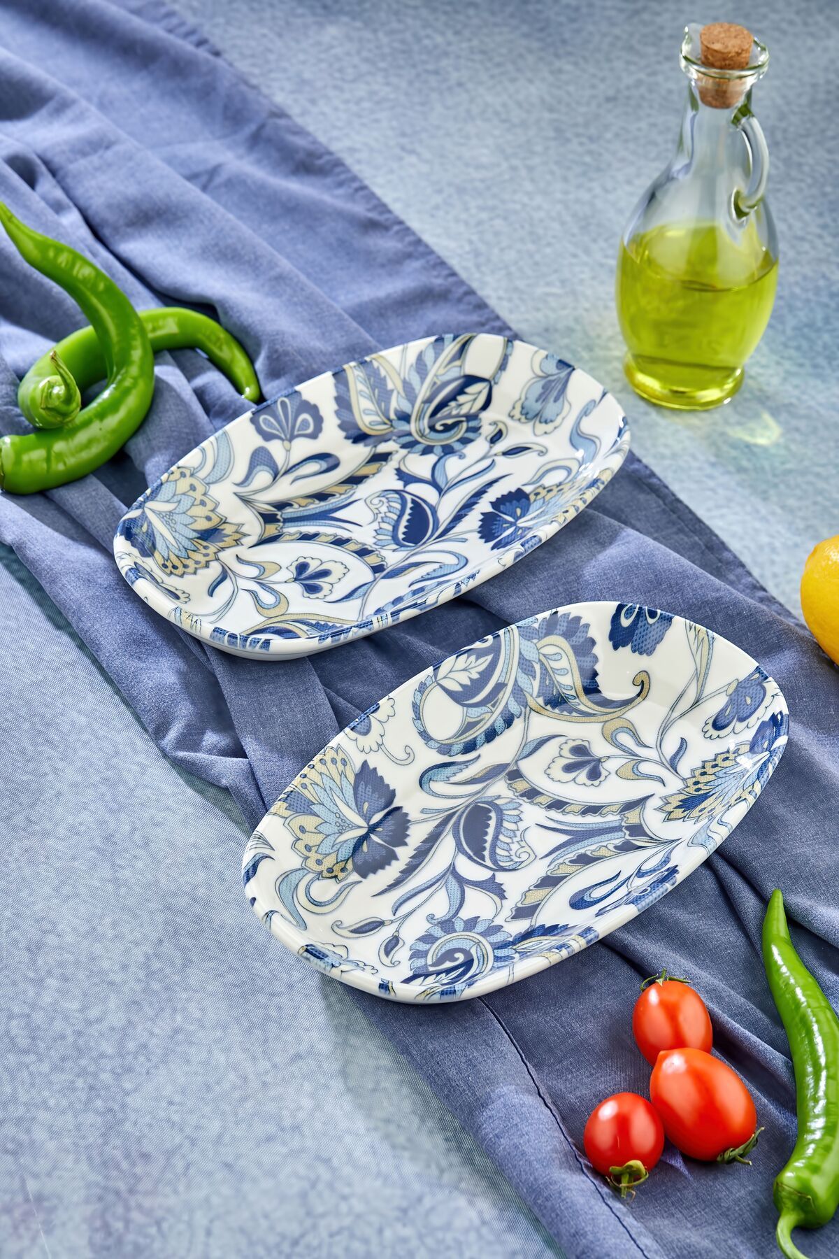 Cooker 2’li Mavi Desenli Oval Porselen Sunum Tabağı Seti 24.5 cm – Etnik Şıklık, Modern Sunum