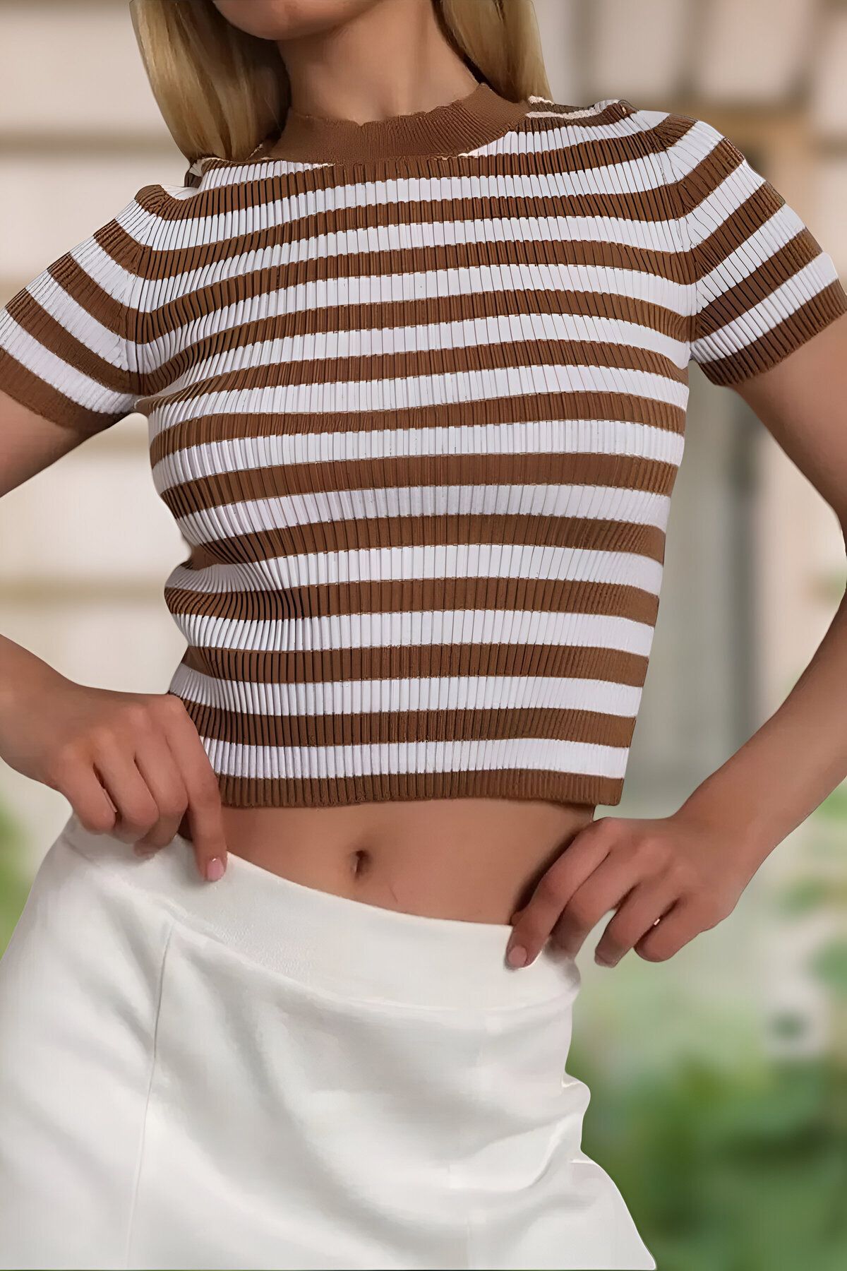 citystyle Kadın Kısa Kollu Çizgili Bisiklet Yaka Basic Camel Bluz