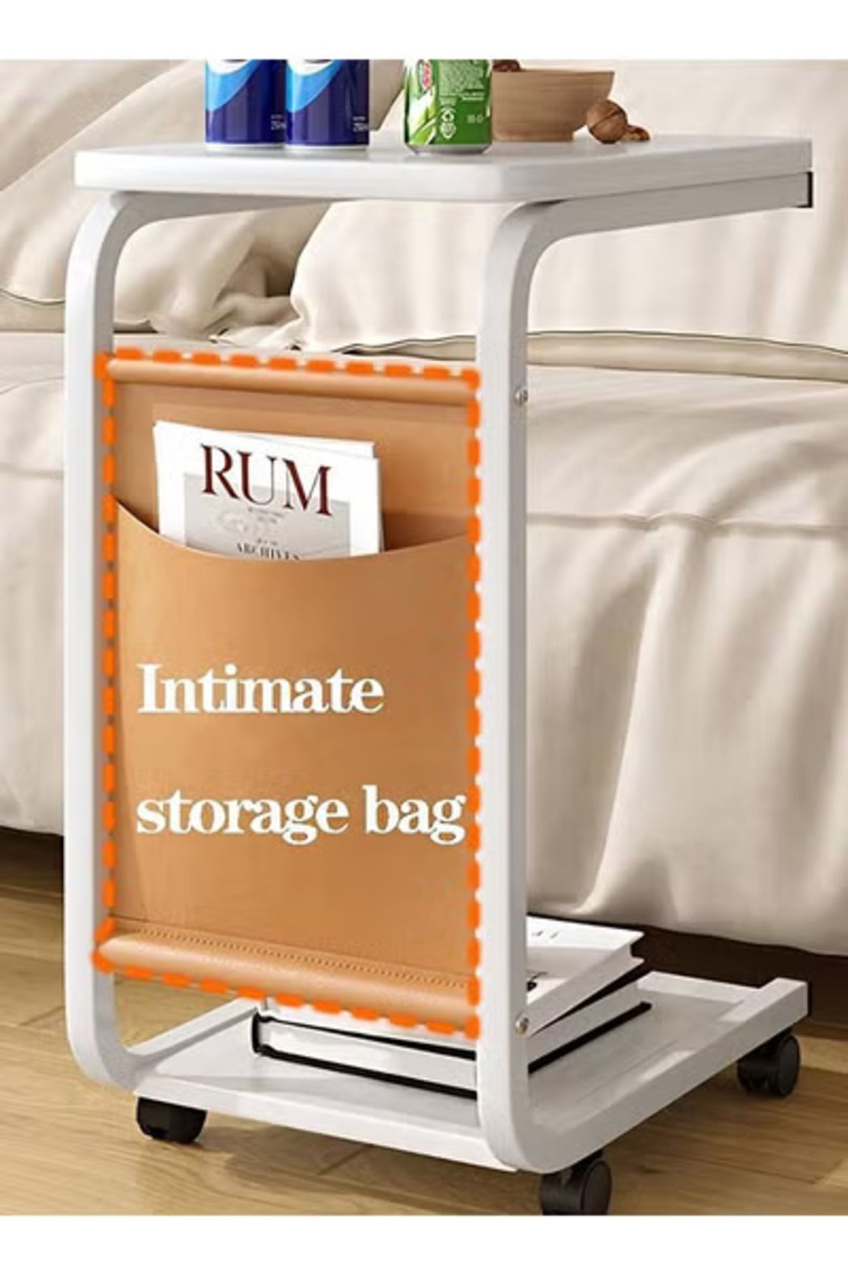 Taimi-C-shaped Side Table With Wheels And Storage Bag, Modern Design Coffee Table, 45x30x63cm - White 4