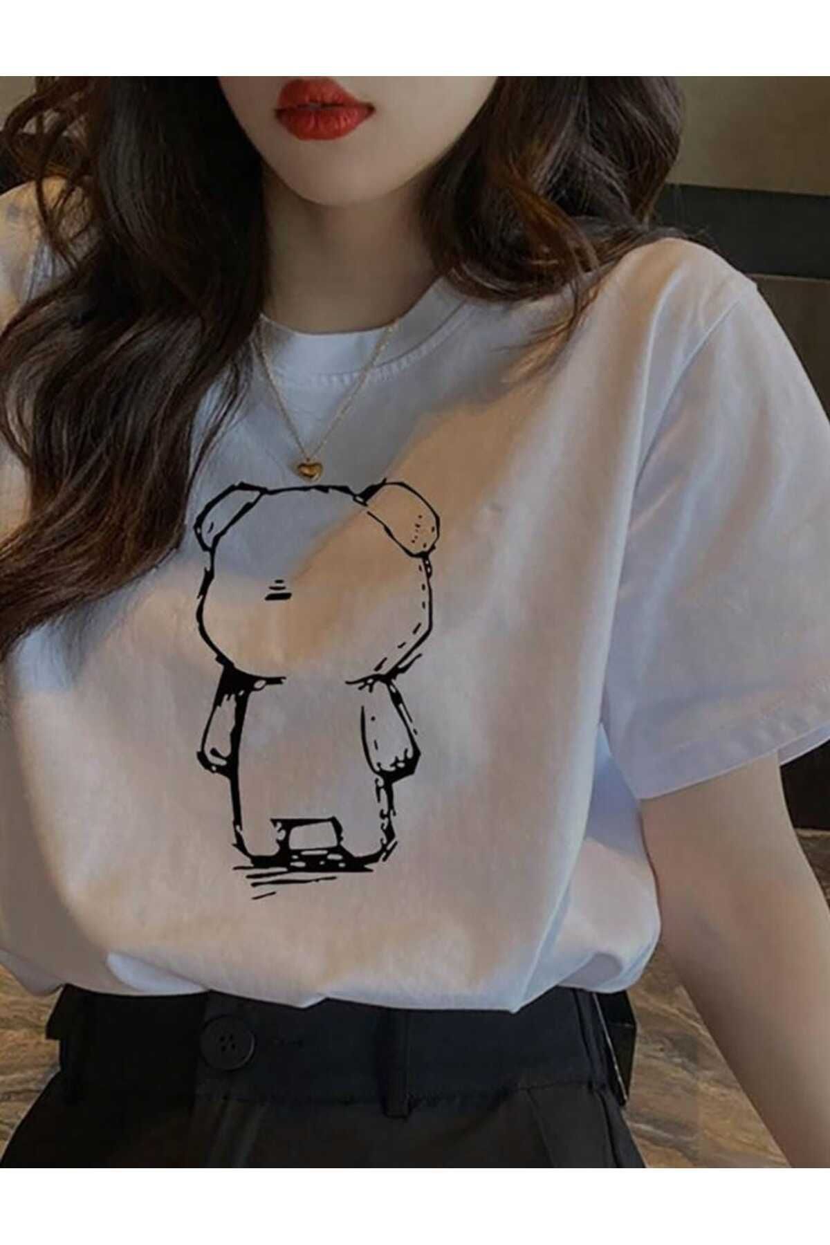 Marclaw Beyaz Go Ayıcık Baskılı Oversize T-shirt
