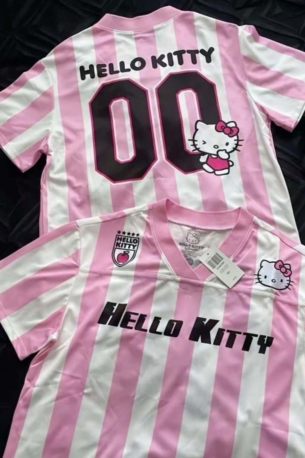 BALİNA Pembe Beyaz Hello Kitty 00 Çizgili Forma Unisex T-shirt