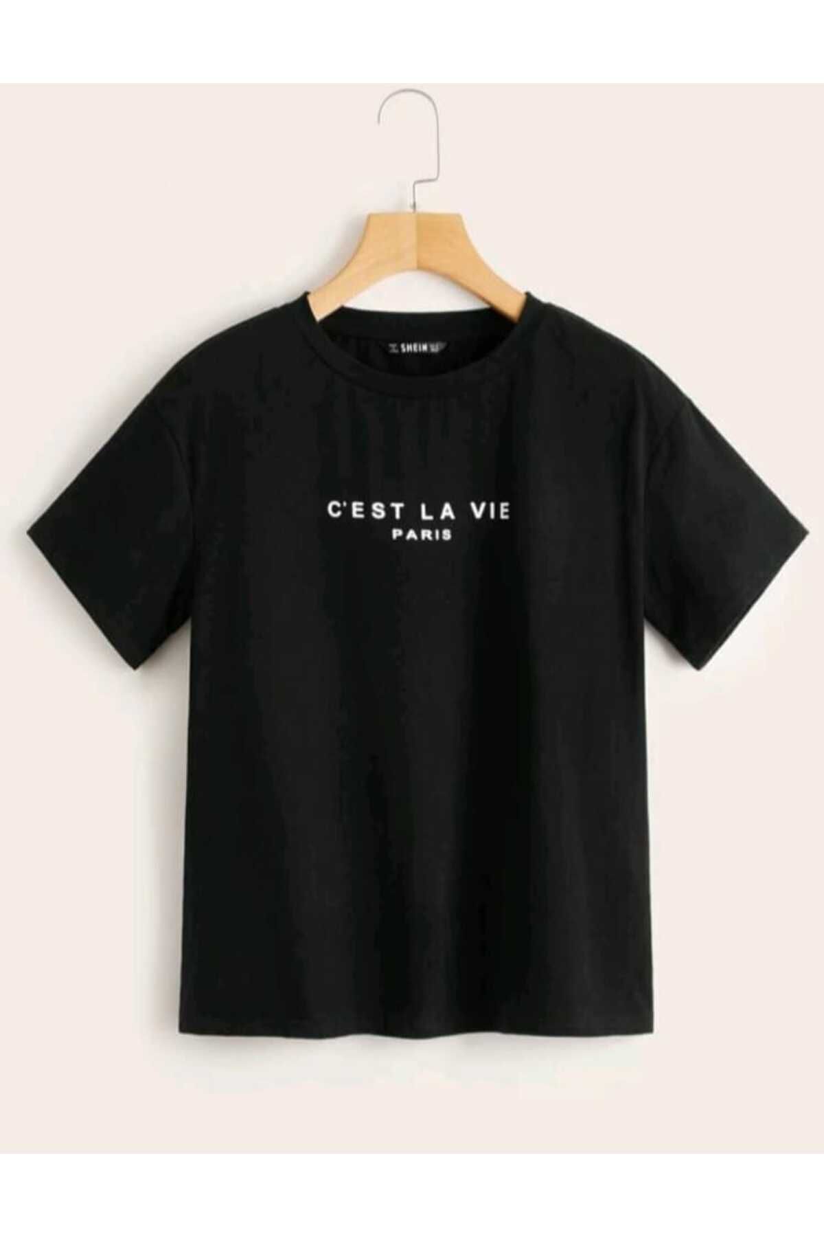 Perodia Siyah Cest La Vie Baskılı Oversize T-shirt